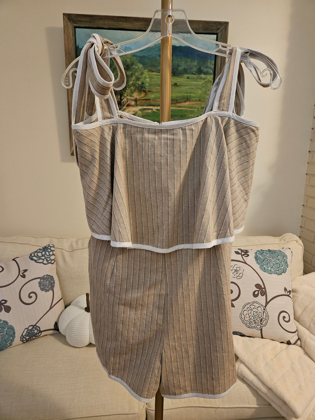 Lalavon Taupe & Green Contrast Hem Tie Romper W/Pockets