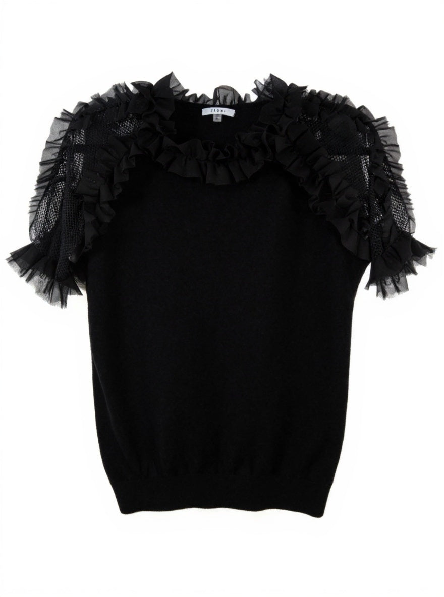 SIONI Mixed Media Mesh & Ruffle Blouse Size M