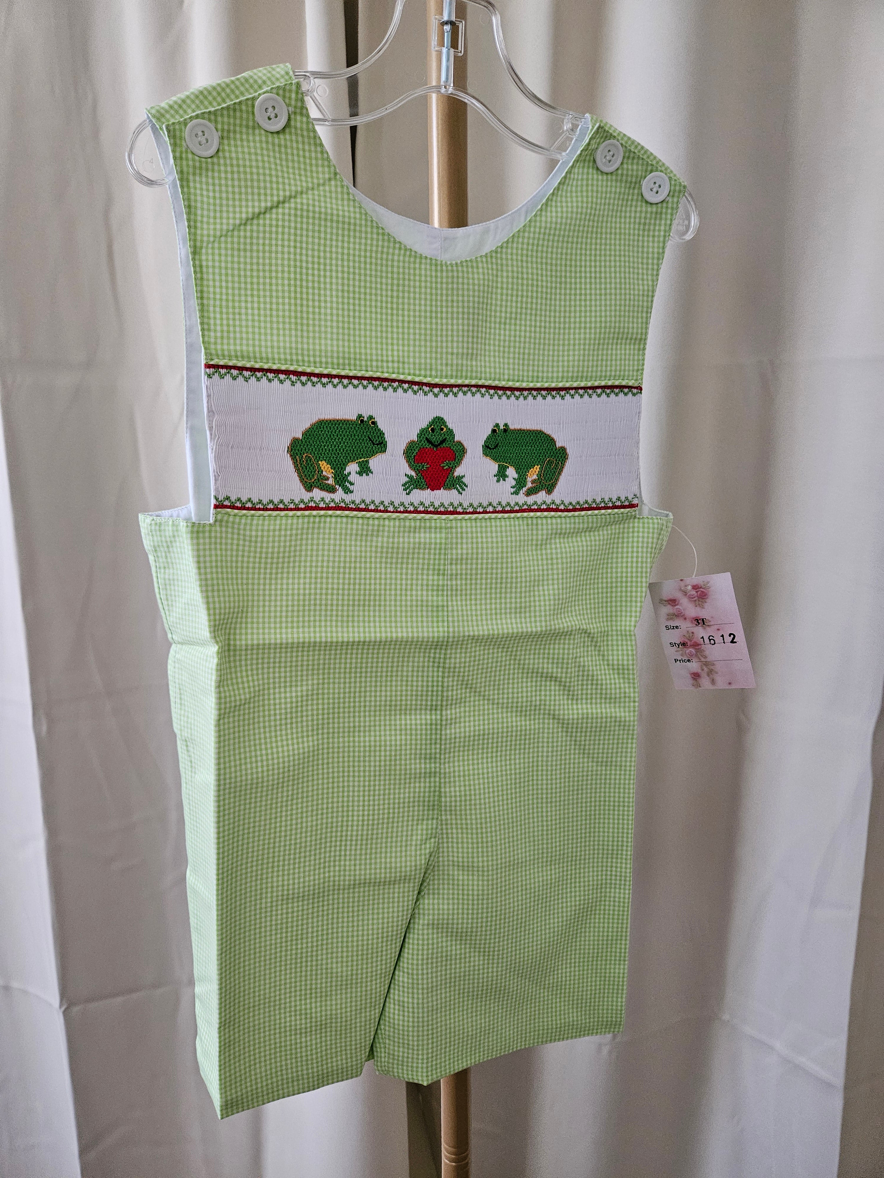 Mom & Me Toddler Boy Green & White Gingham Smocked Jon Jon Frogs Hearts 🐸💚