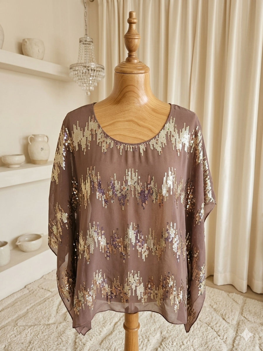 Umgee Sequin Sheer Overlay Top Gold Sparkle Flutter Sleeve