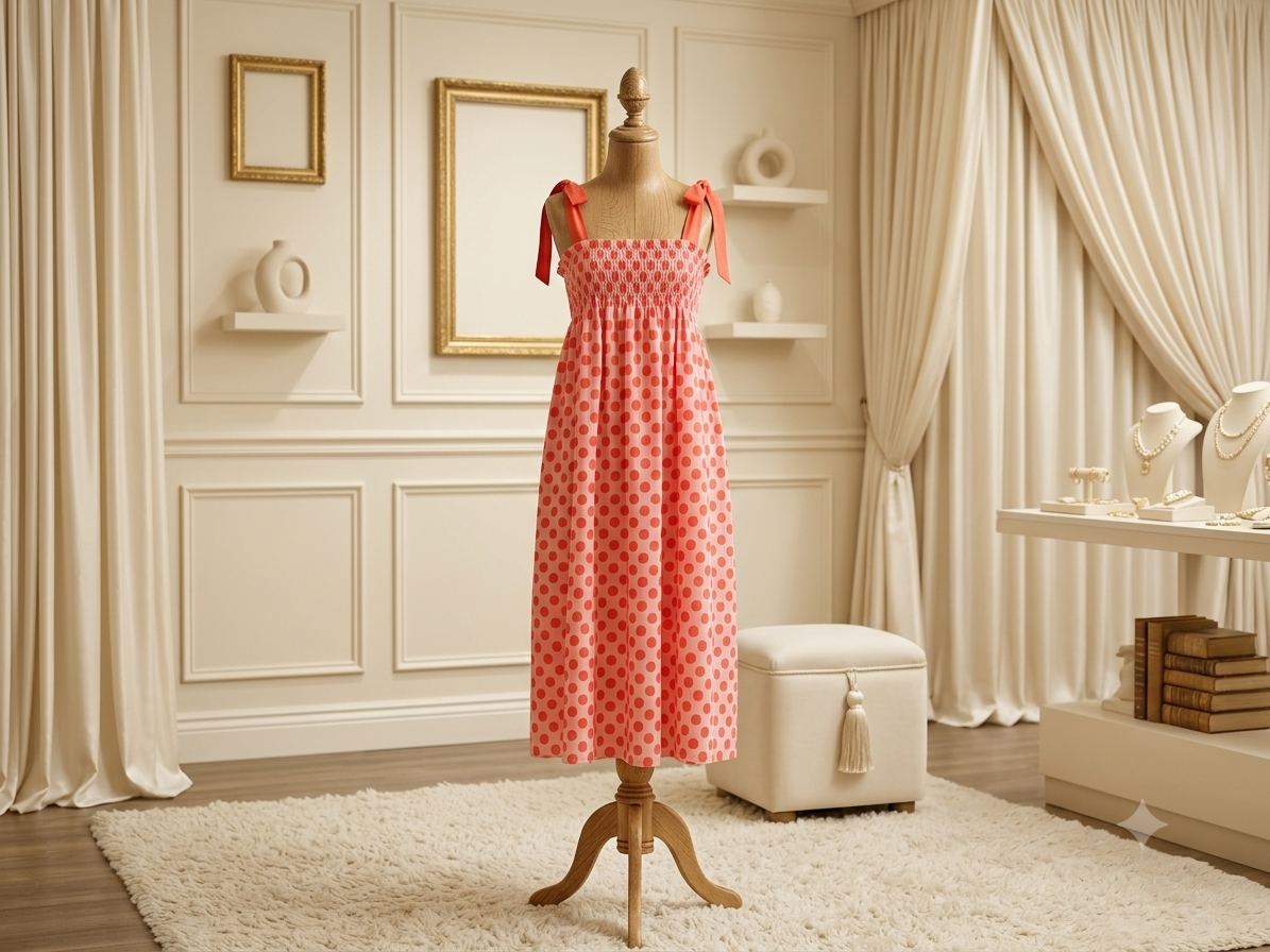 J.Nna Pink Polka Dot Tie Shoulder Smocked Maxi Dress |