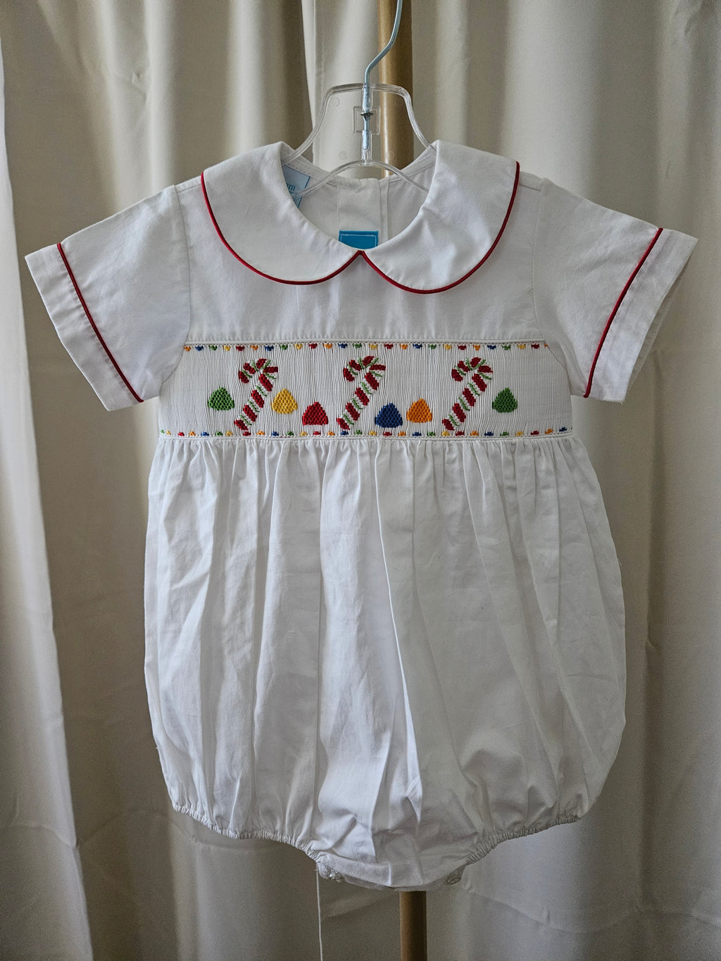 Claire & Charlie Smocked Candy Cane Bubble Red Trim 18M