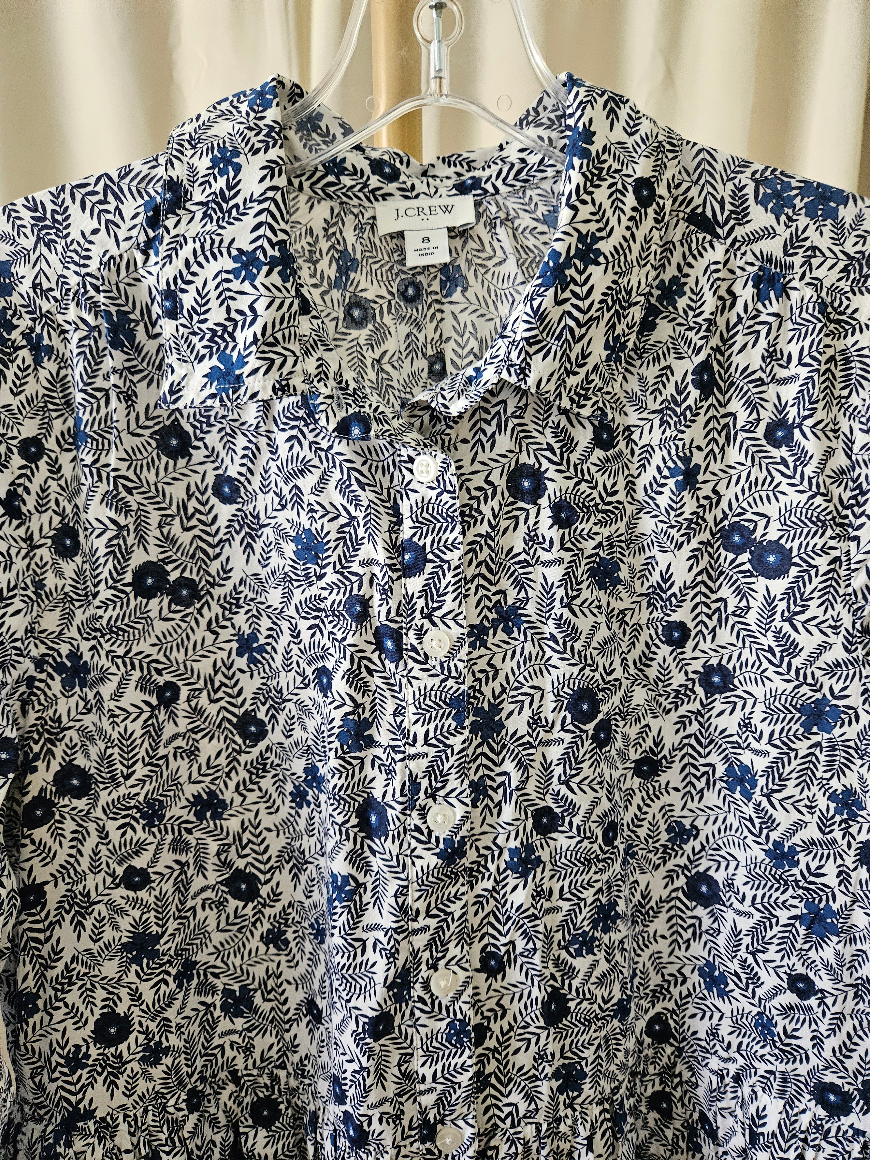 J.Crew Blue & Black Floral Button Front Shirt Dress Size 8