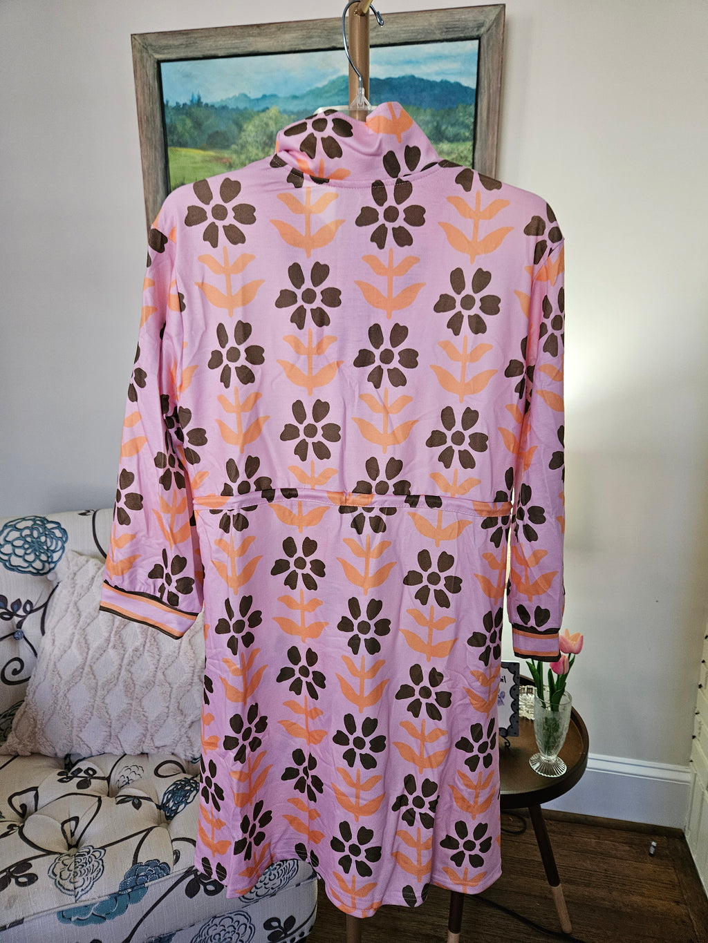 Lovesoft Pink Floral Print Zip Neck Striped Long Sleeve Drawatring Dress Sz S