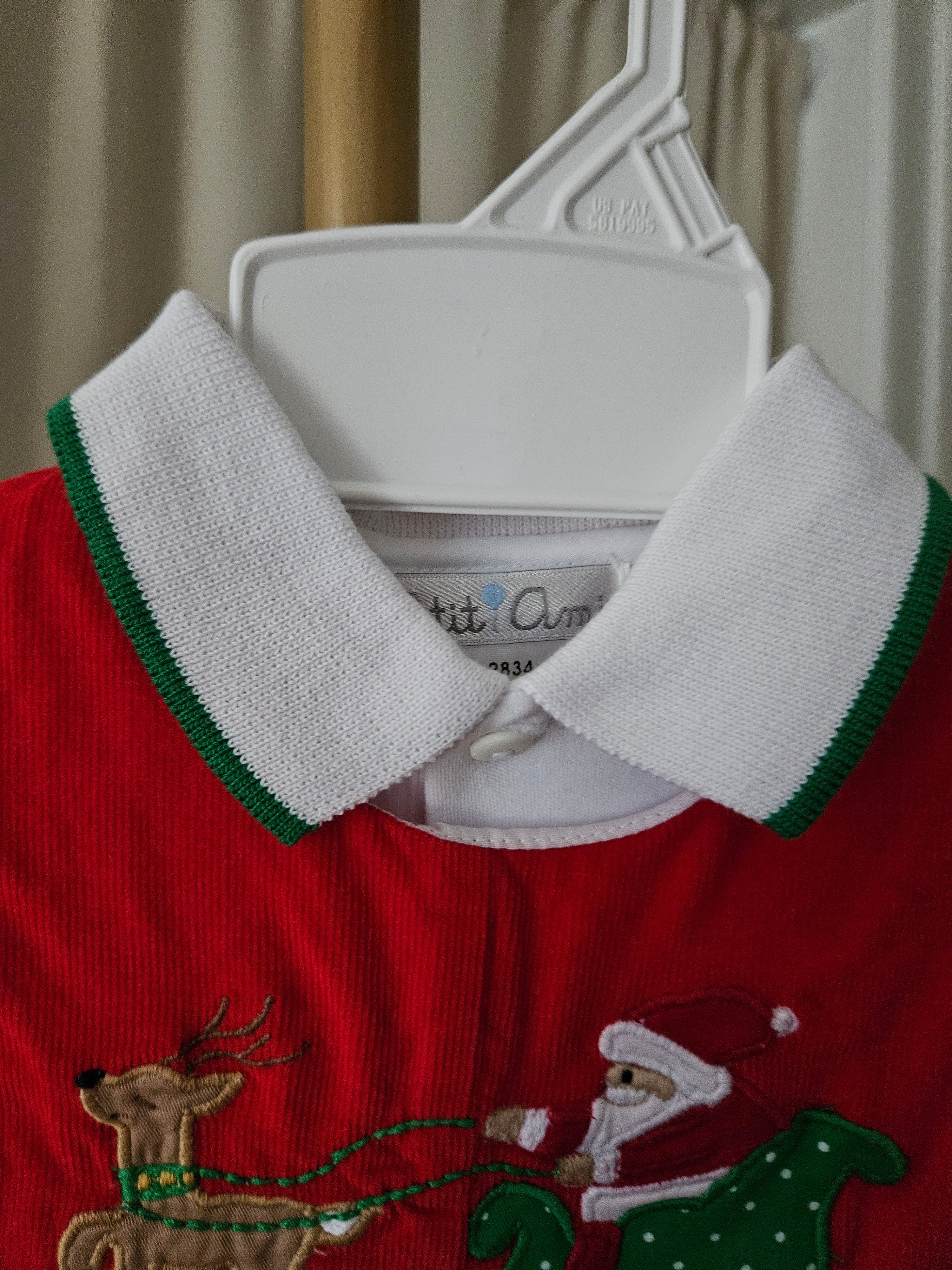 Petit Ami Red Corduroy Santa Sleigh Jon Jon & Shirt Set