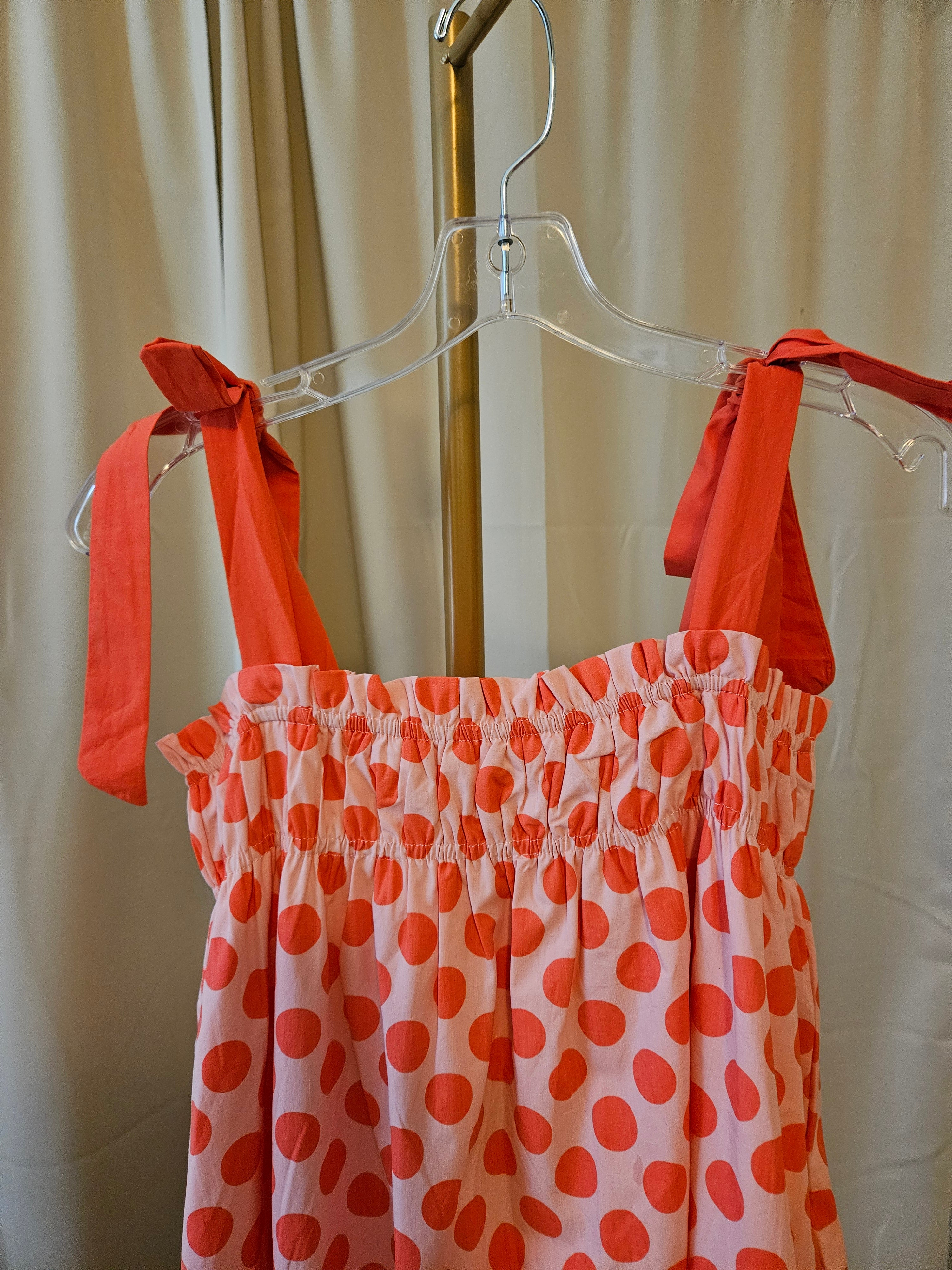 J.Nna Pink Polka Dot Tie Shoulder Smocked Maxi Dress |