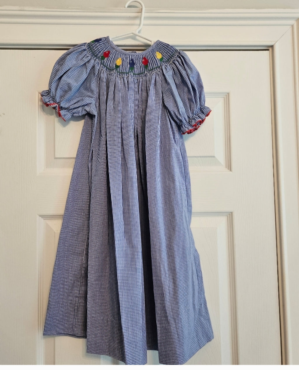 Amanda Remembered Blue & White Smocked Kids Dress with Christmas Lights. Sz 5