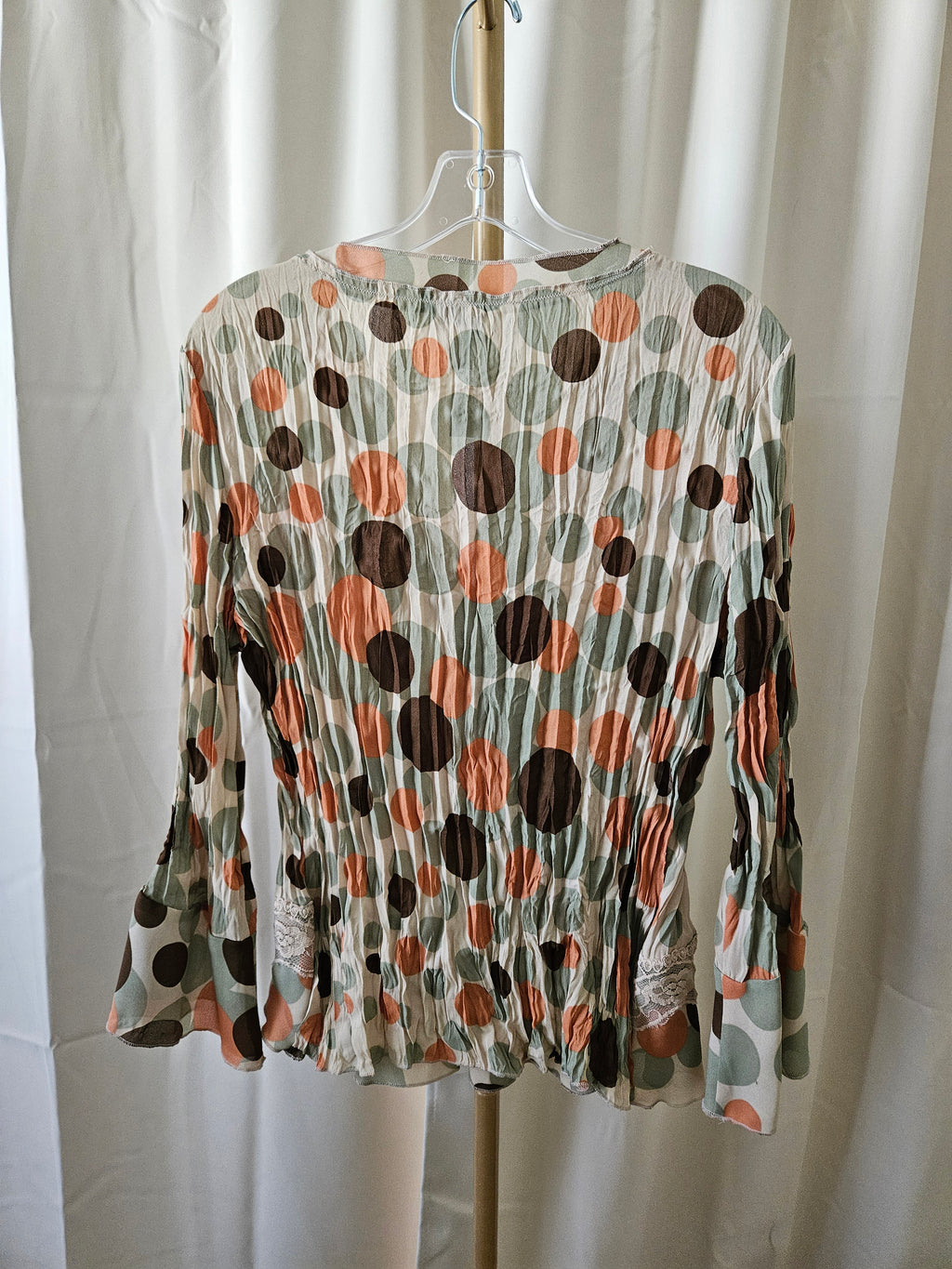 Allison Taylor Earthtone Polka Dot Sheer Blouse Bell Sleeve Lace Tie Top XL
