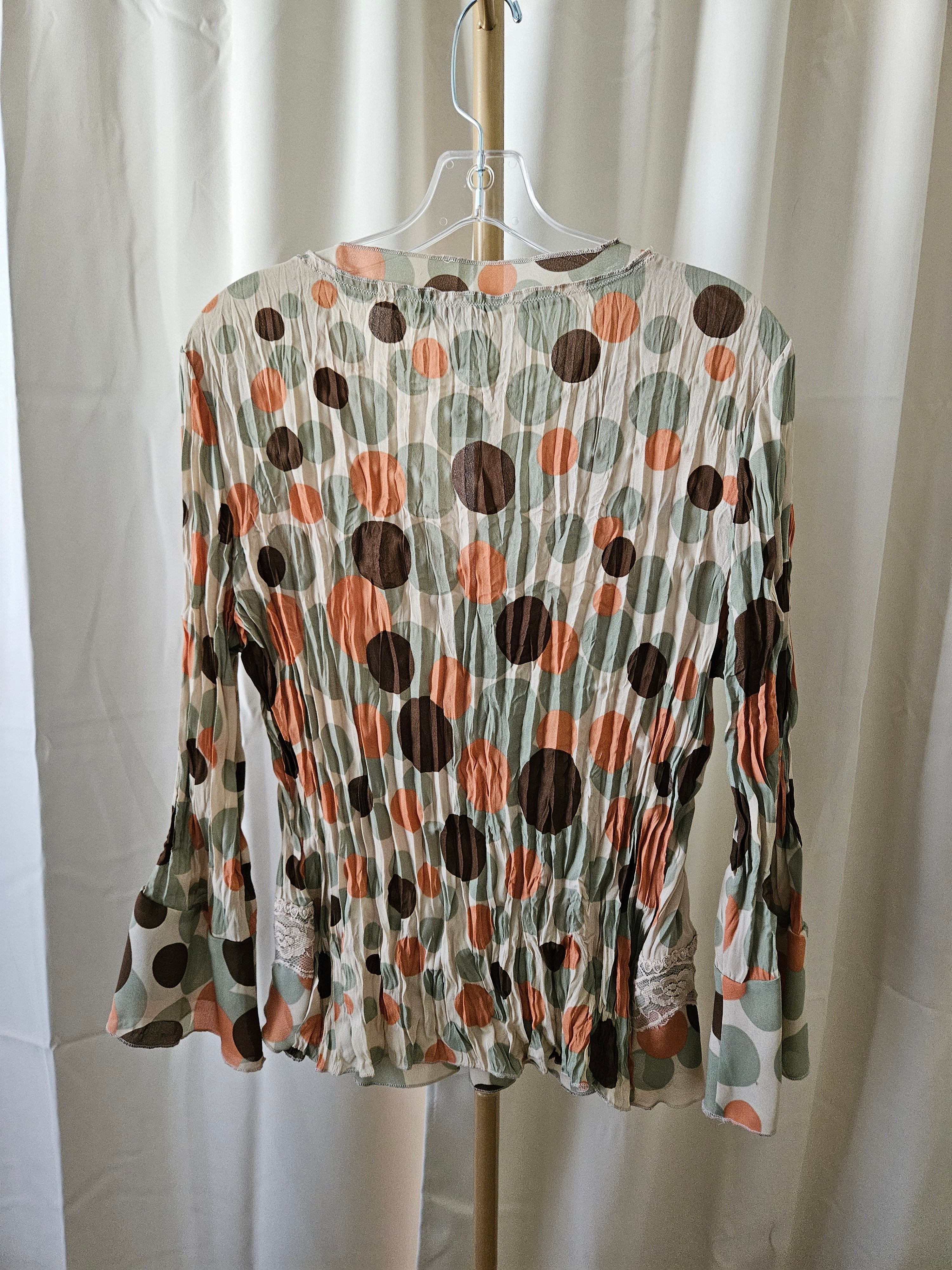 Allison Taylor Earthtone Polka Dot Sheer Blouse Bell Sleeve Lace Tie Top XL
