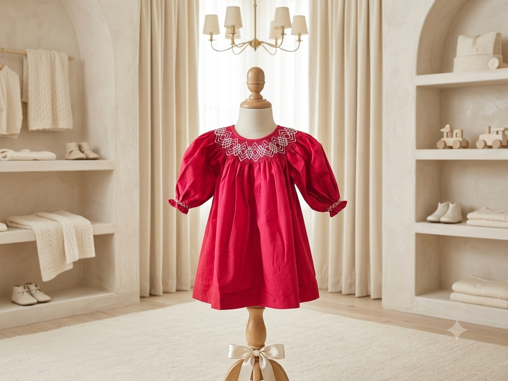 Love Me Red Smocked Bishop Dress with Pearls | Long Puff Sleeves |