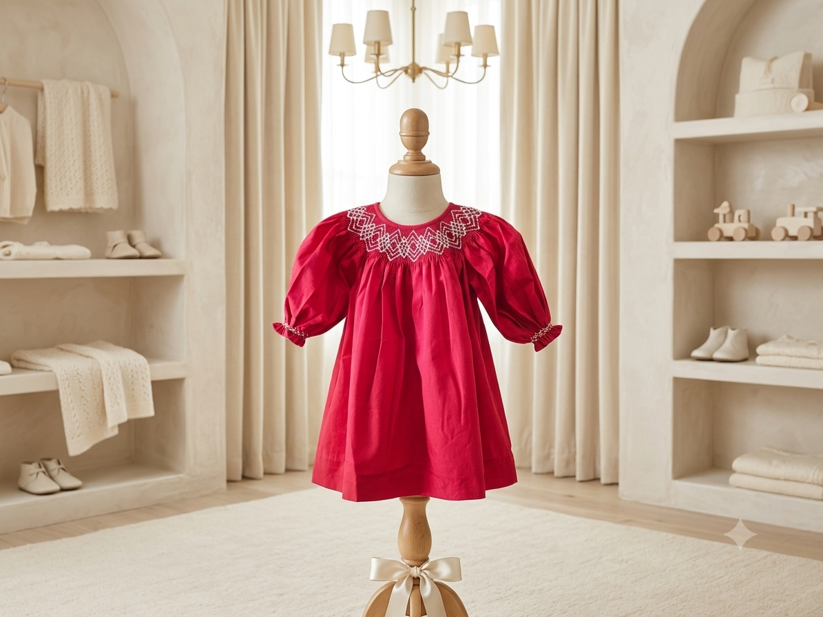 Love Me Red Smocked Bishop Dress with Pearls | Long Puff Sleeves |