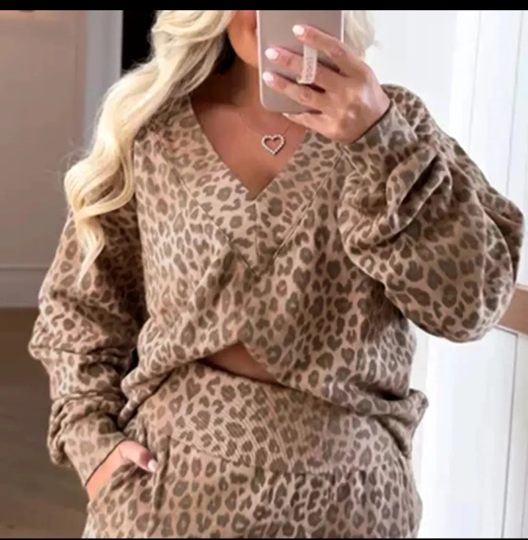 Lovesoft Light French Beige Leopard Print V-Neck Pullover Mini Skirt 2pc Set