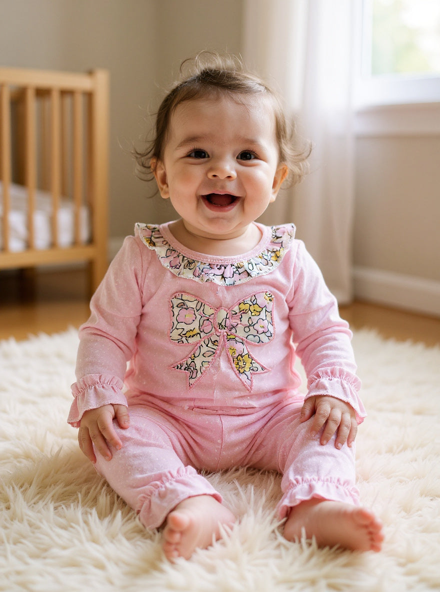 Sassy Kids Pink Floral Bow Applique Romper Sz 6-12M