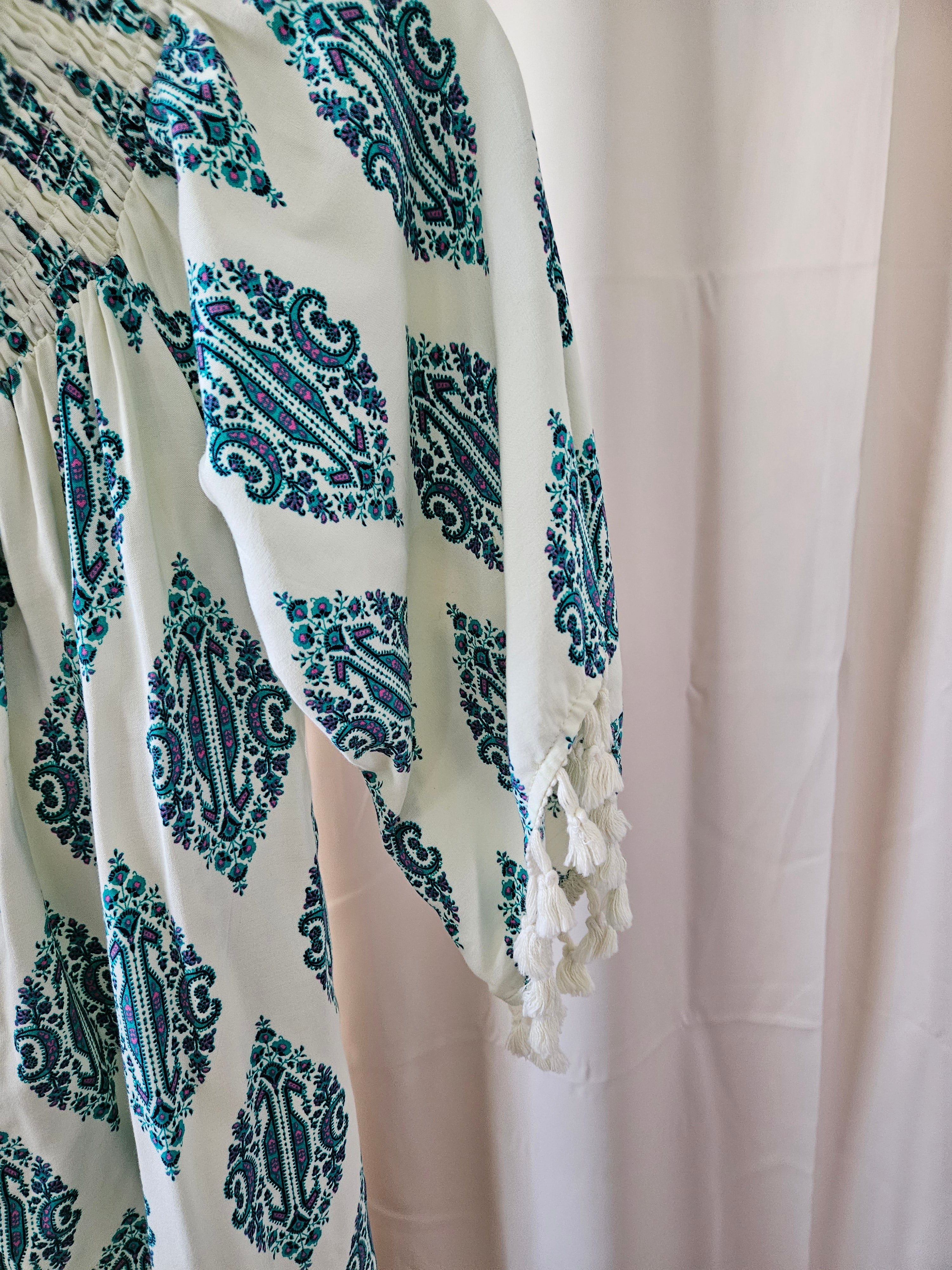 Love Fire Turquoise & Cream Boho Smocked Mini Dress Tassel Sleeves XS