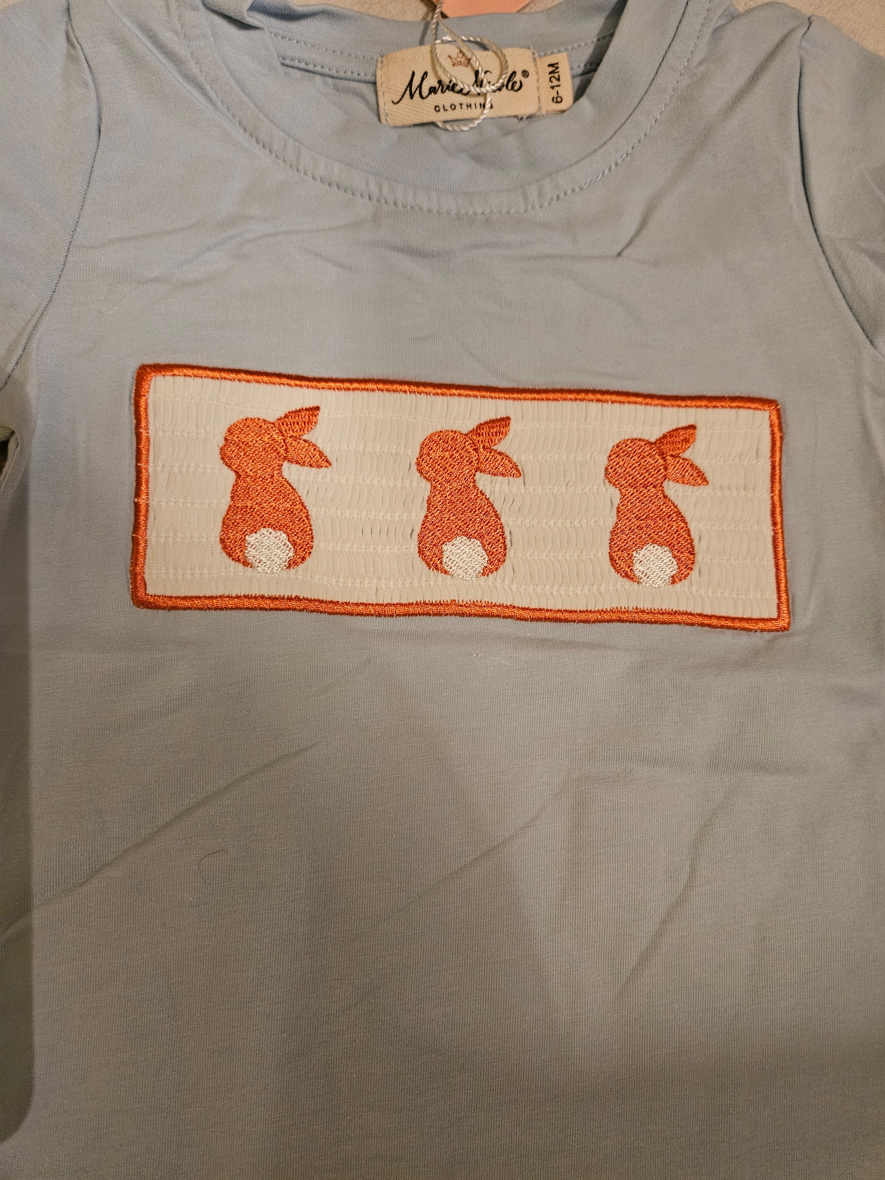 Marie Nicole Baby Blue & Orange Smocked Bunny Romper Sz 6-12M