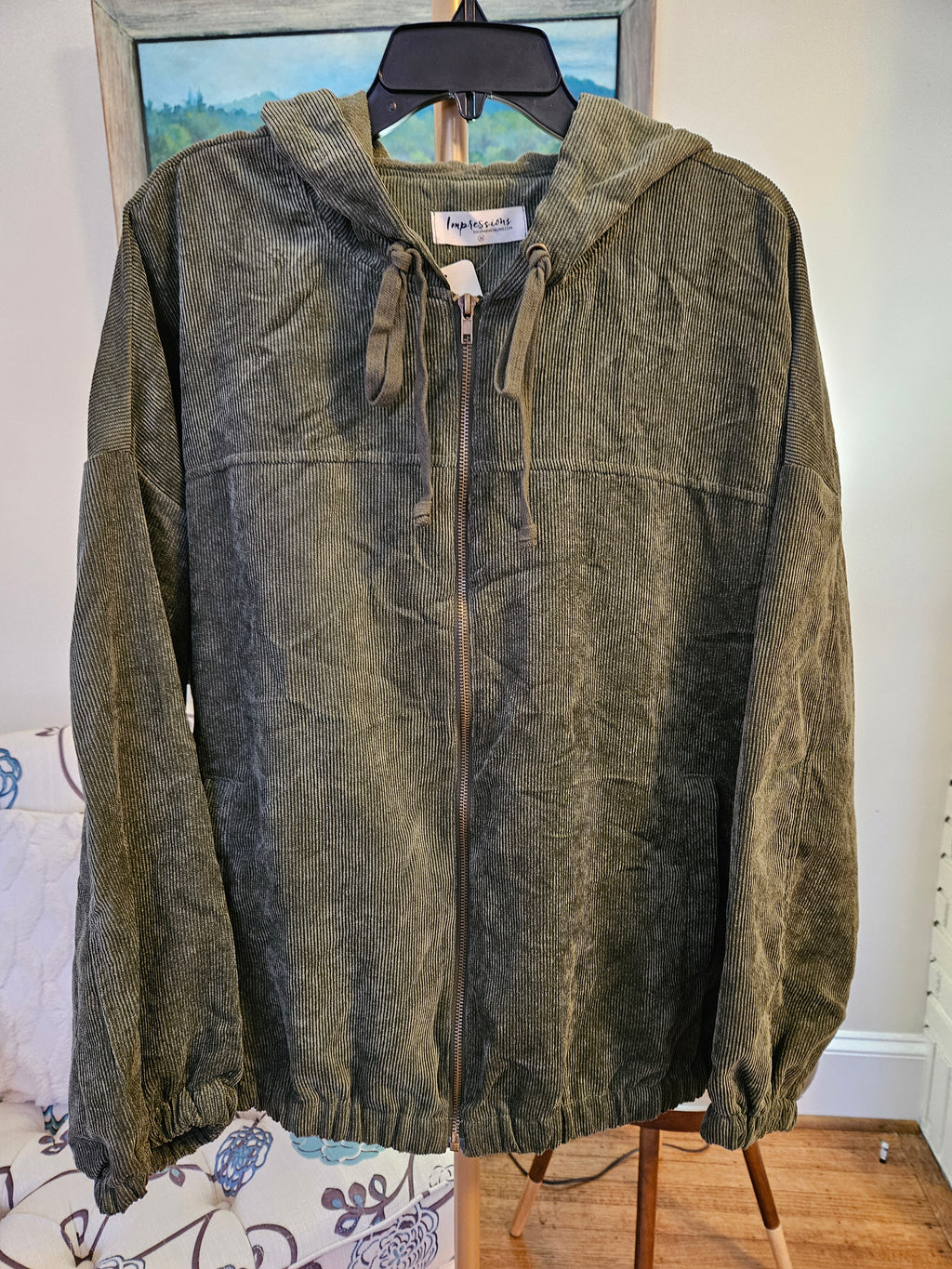 Impressions Olive Green Hooded Thin Cord Cordaroy  Jacket Sz 3X