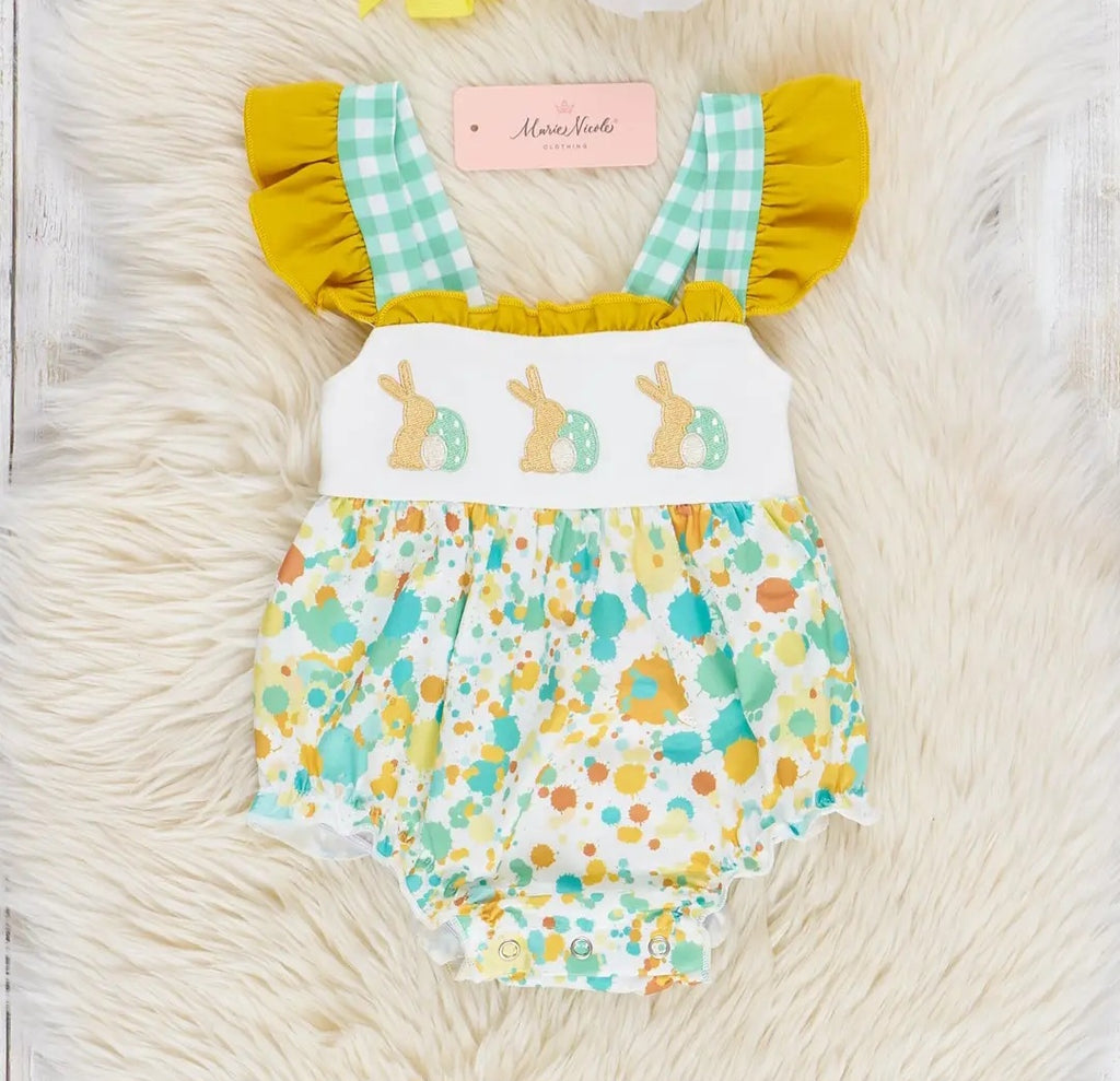 Marie Nicole Green Embroidered Bunny Gingham Ruffle Bubble Sz 12-18M