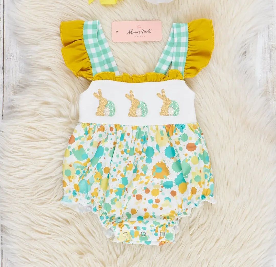 Marie Nicole Green Embroidered Bunny Gingham Ruffle Bubble Sz 12-18M