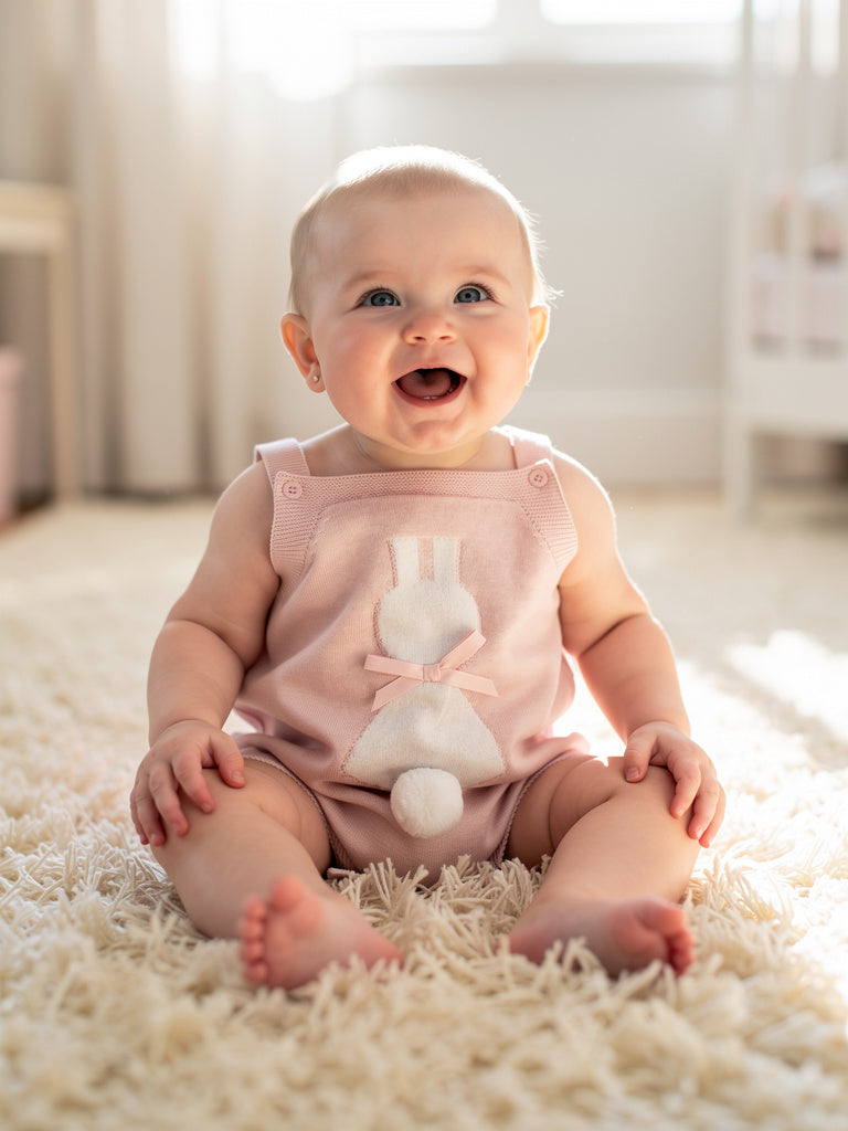 Bunny Knit Overall Romper With Bow & Cotton Ball Tail Sz 9-12 M