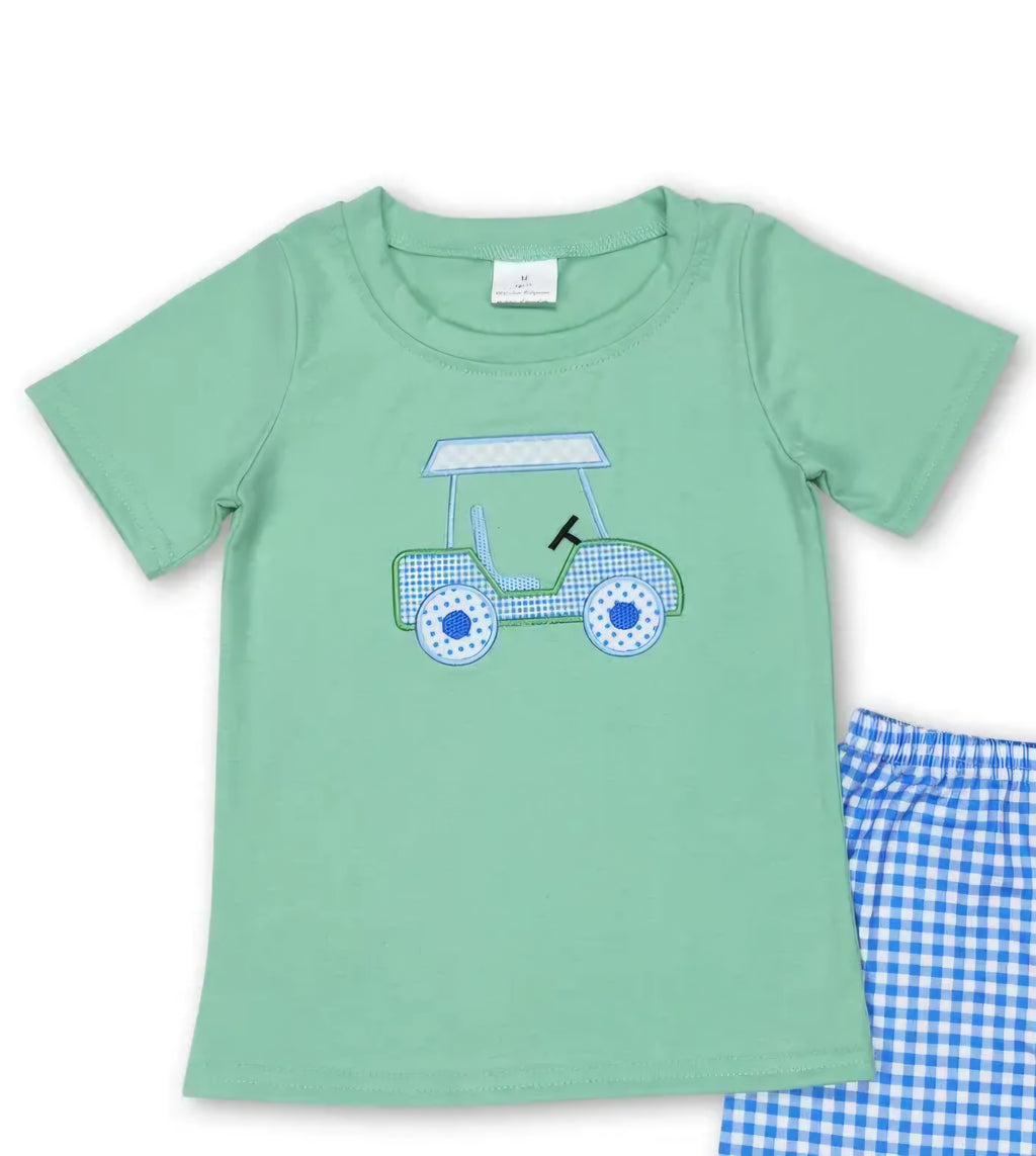 Yawoo Toddler 2-Piece Golf Cart Outfit | Blue & White Gingham Shorts | Size 3T