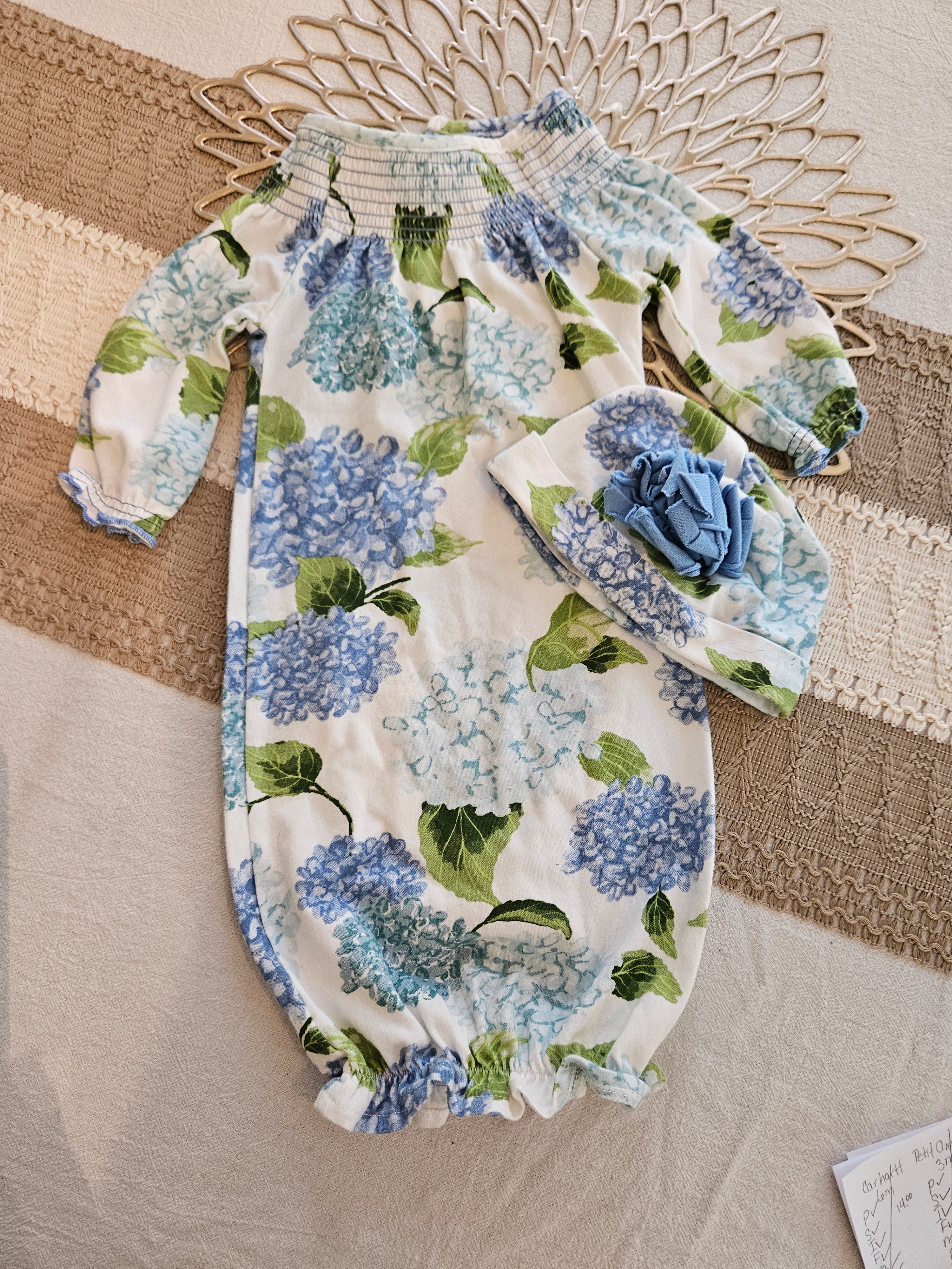 Mud Pie Blue Floral Baby Gown Set Sz 0-3M
