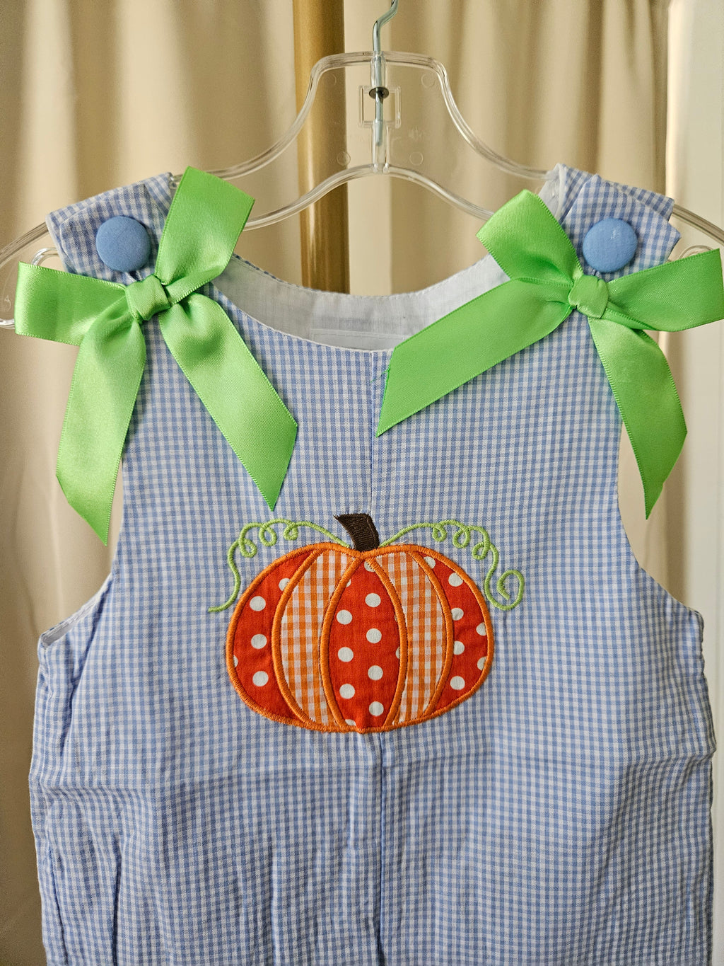 Lil Cactus Blue & White Gingham Pumpkin Appliqué Romper