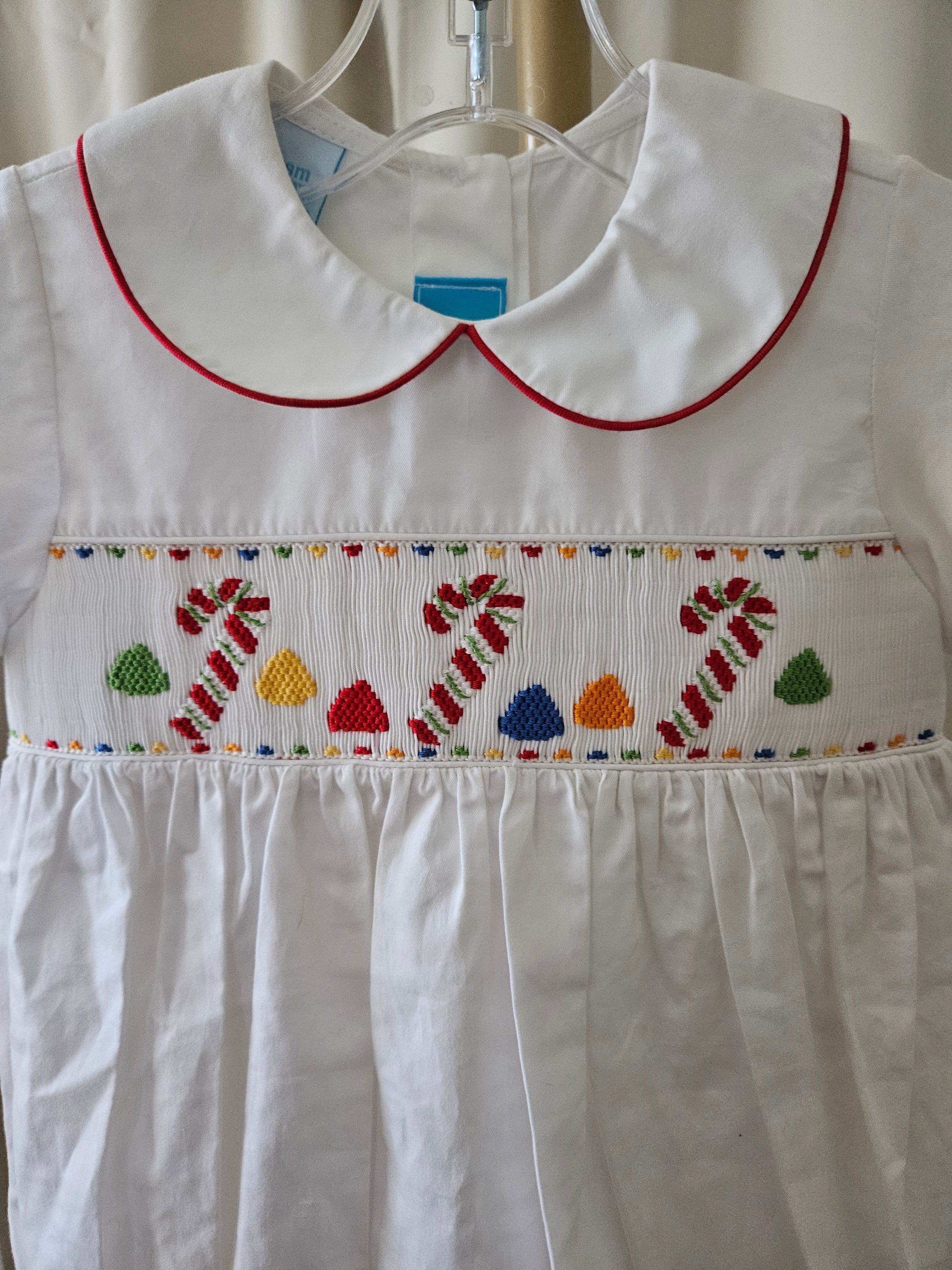 Claire & Charlie Smocked Candy Cane Bubble Red Trim 18M