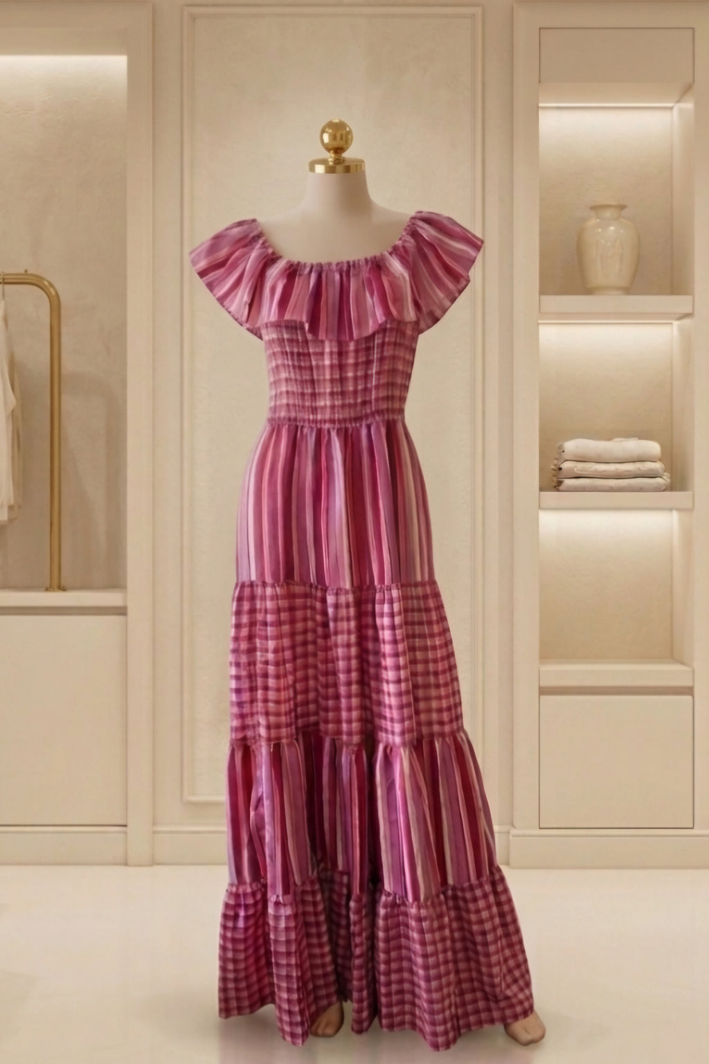 L'atiste by Amy Dusty Pink Plaid & Striped Off-Shoulder Maxi Dress | Size Small