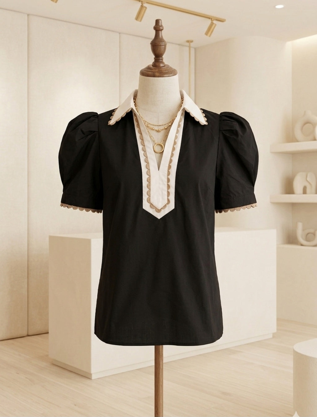 Lovesoft Black Ric Rac Trim Collar Blouse – Sizes Small & Medium