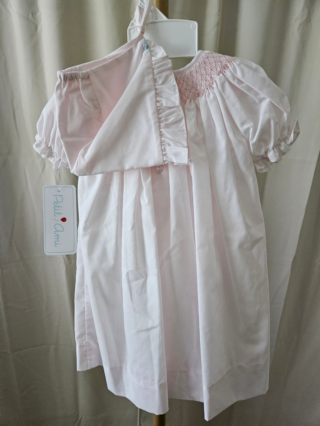 Petit Ami Pink Smocked Heirloom Day Gown + Bonnet Set