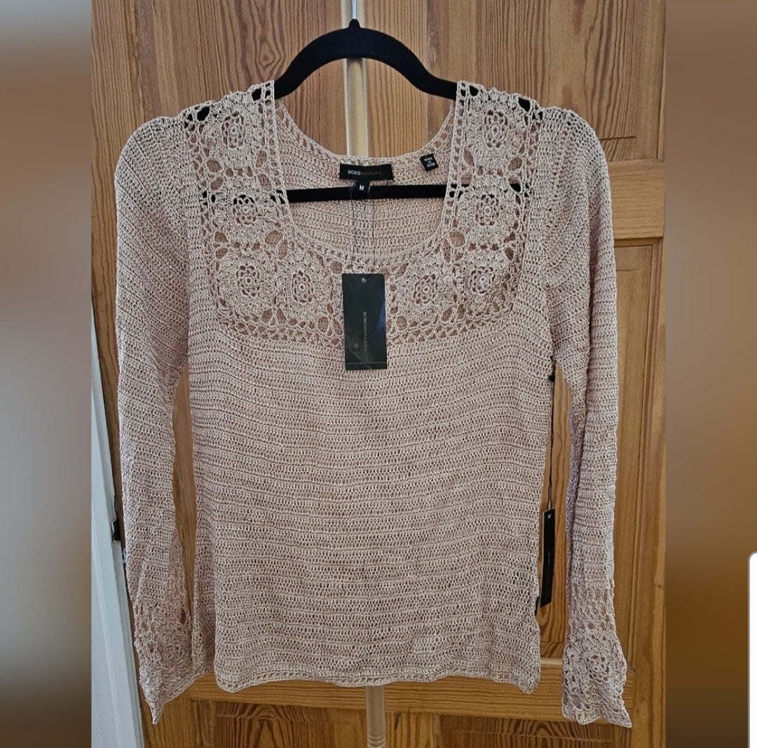 NWT BCBG MAXAZRIA Fine Crochet Goldtone Longsleeve Sweater w/Bell Sleeves Size M