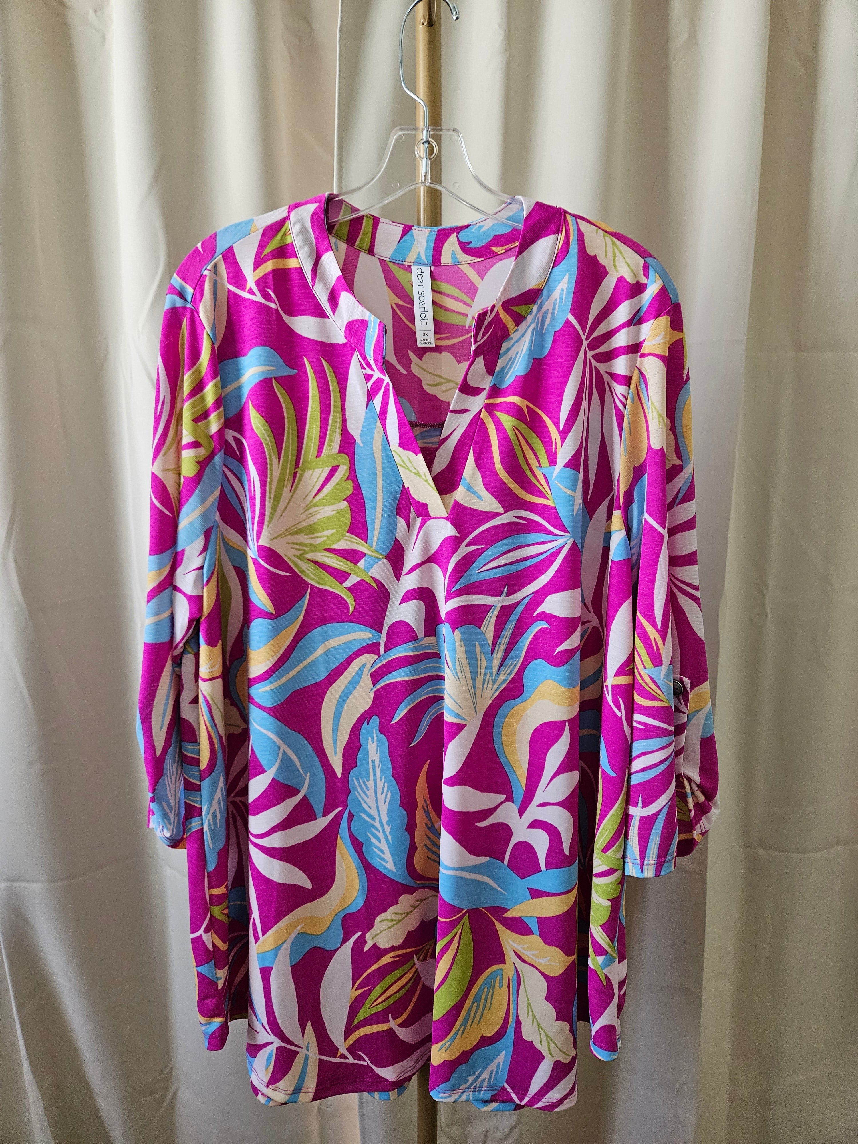Dear Scarlett Floral V-Neck Blouse 3/4 Sleeve Fuchsia Green Blue Size 2XL