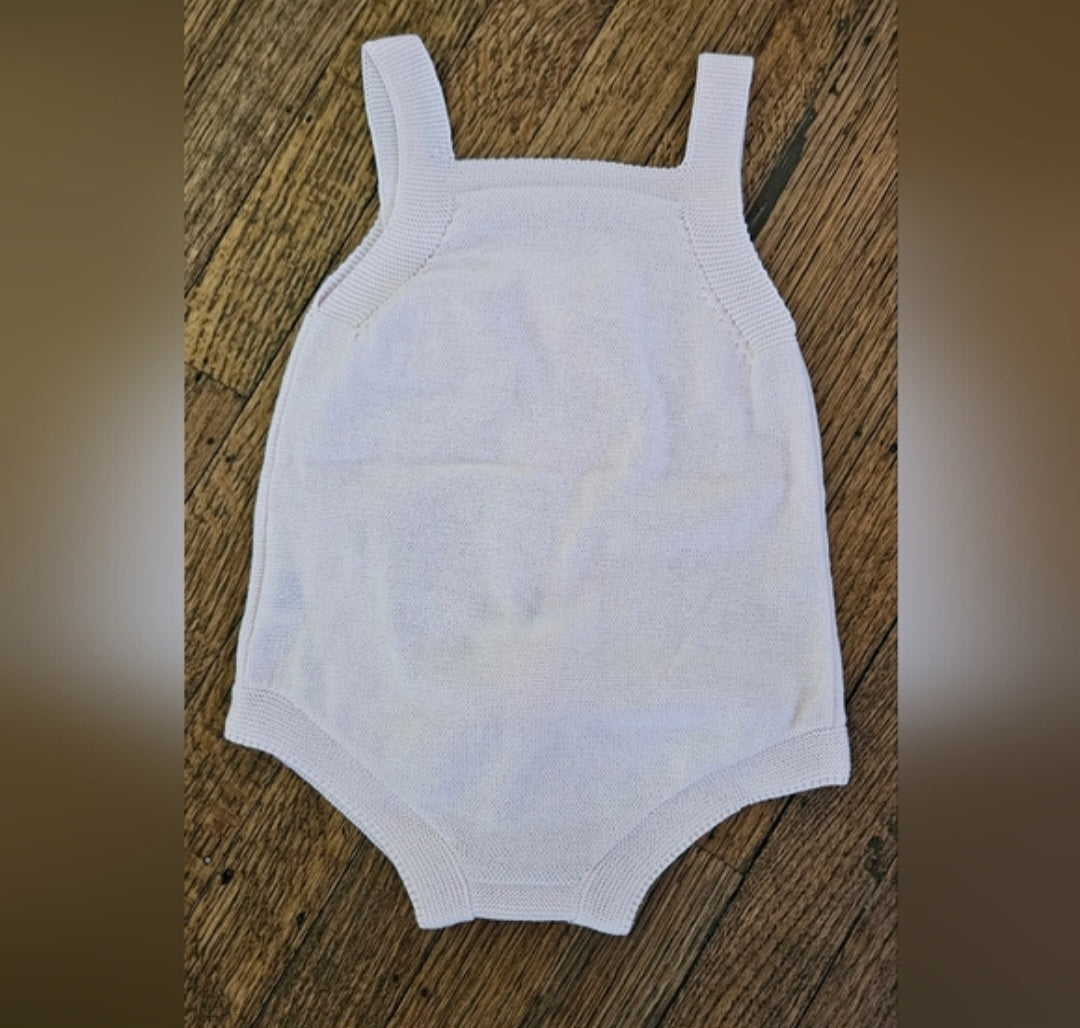 Bunny Knit Overall Romper With Bow & Cotton Ball Tail Sz 9-12 M