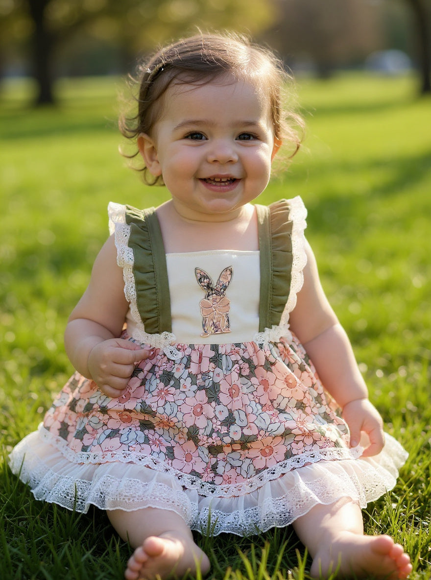 Marie Nicole Embroidered Floral Bunny Ruffle Dress Sz 4T