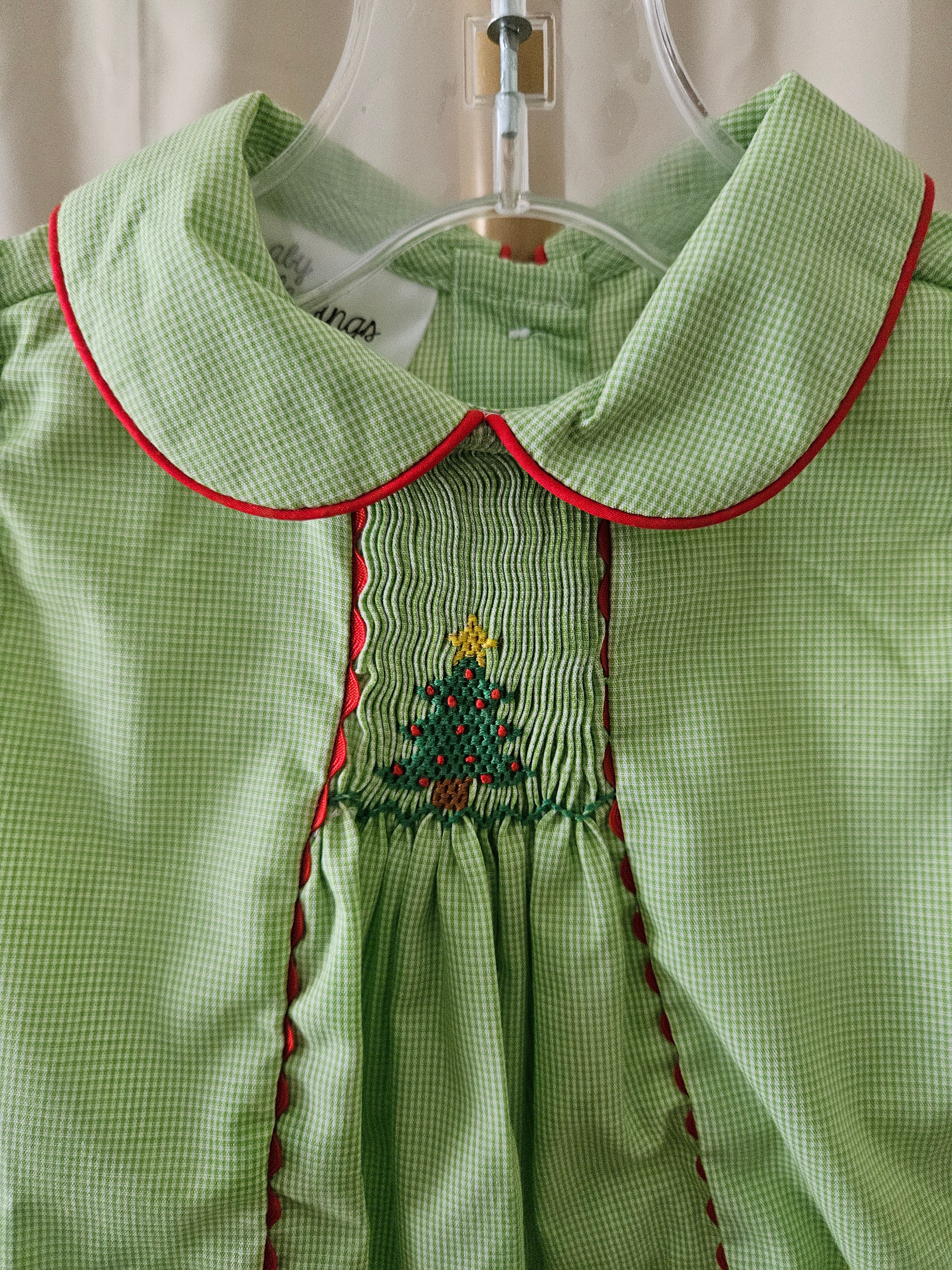 Baby Blessings Green & White Microcheck Smocked Christmas Tree Bubble