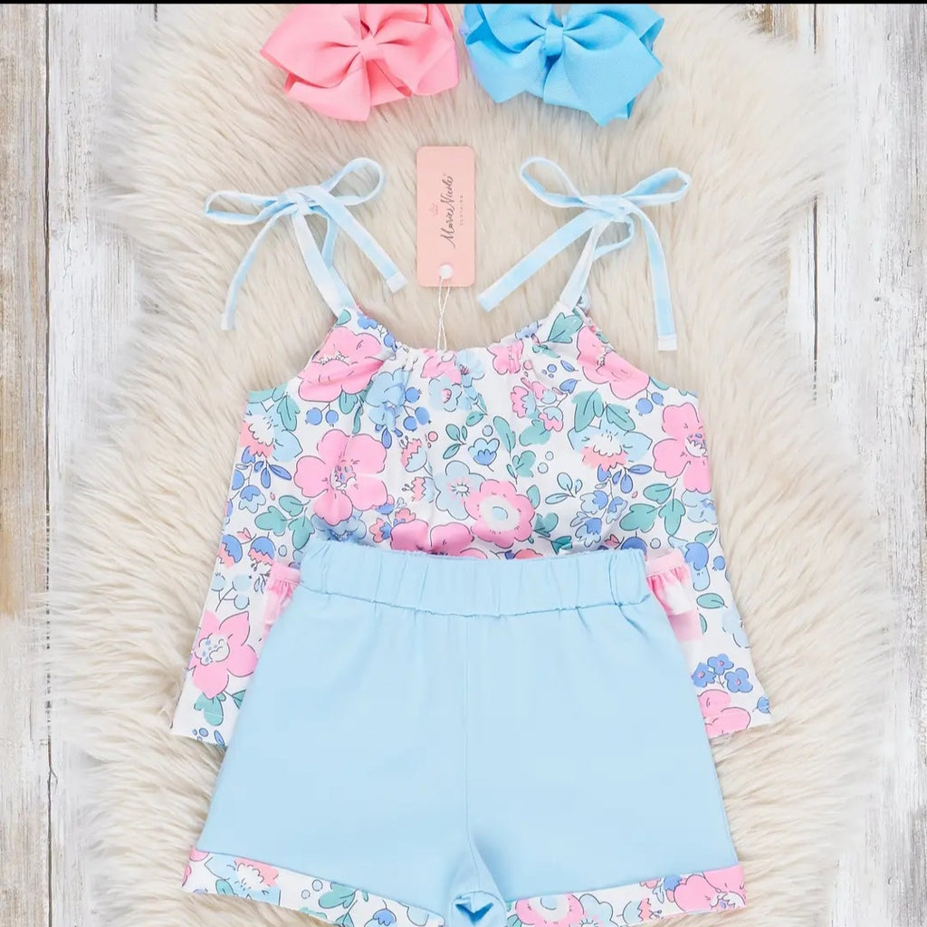 Marie Nicole Pink & Blue Gingham Floral Bloomers Outfit Sz 6-12M