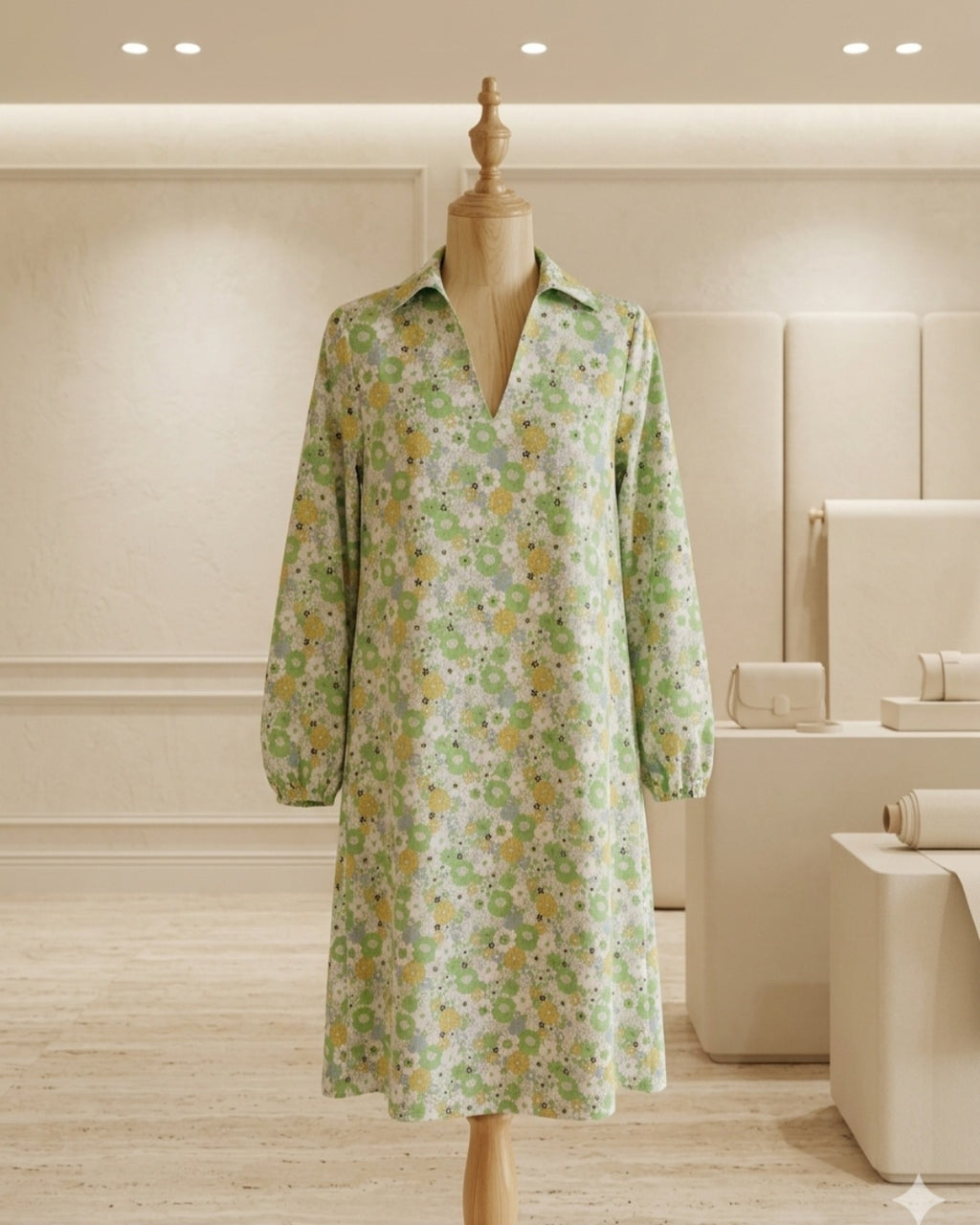HiddenBrand Green Floral Bohemian Midi Dress | Puff Sleeve V-Neck
