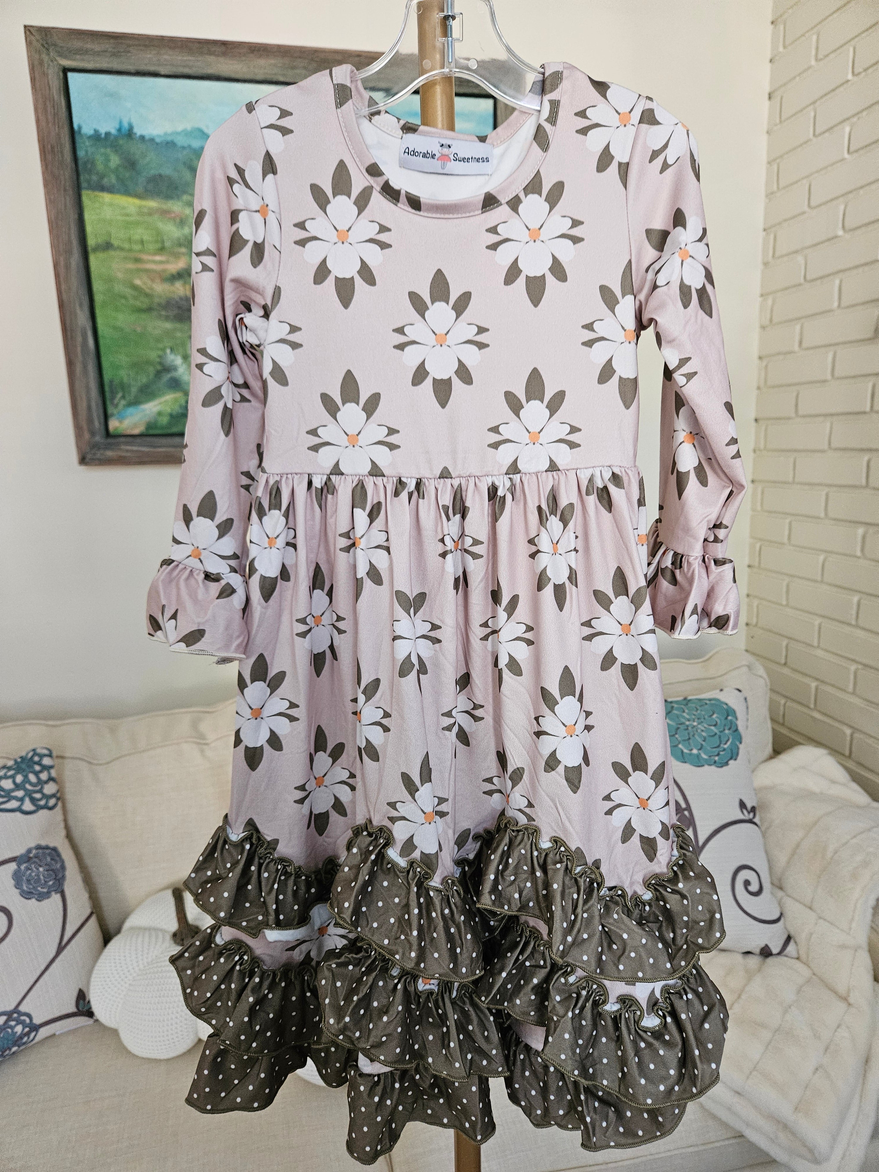 Adorable Sweetness Sage Polk A Dot And Flower 3 Ruffle Dress
