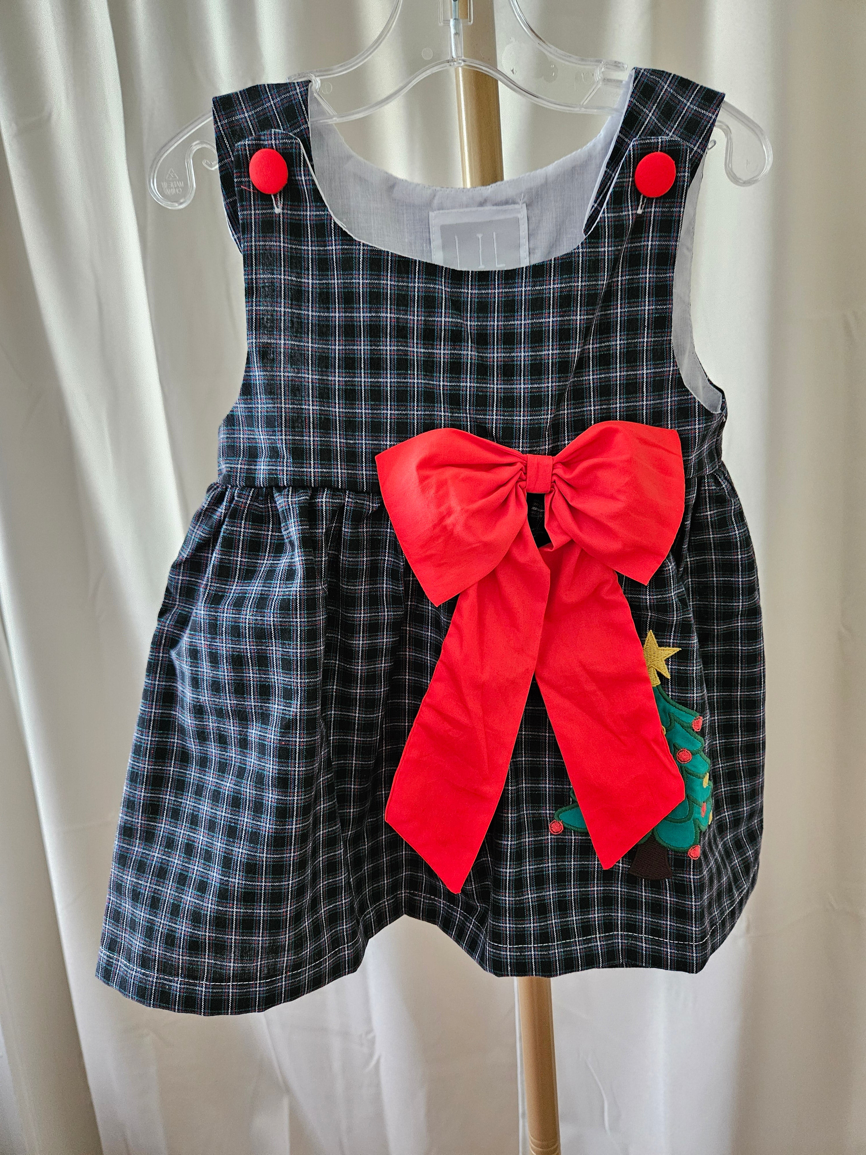 Lil Cactus Christmas Tree Appliqué Plaid Dress with Red Bow