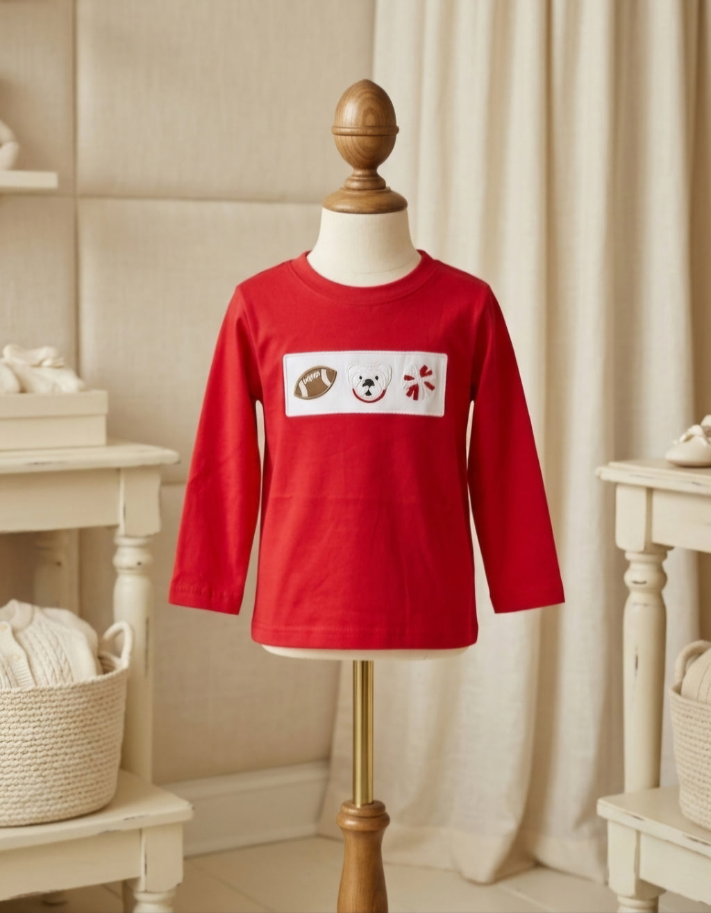 Georgia Red UGA Football Appliqué Long Sleeve Shirt | Wear Love Wash | 3Y