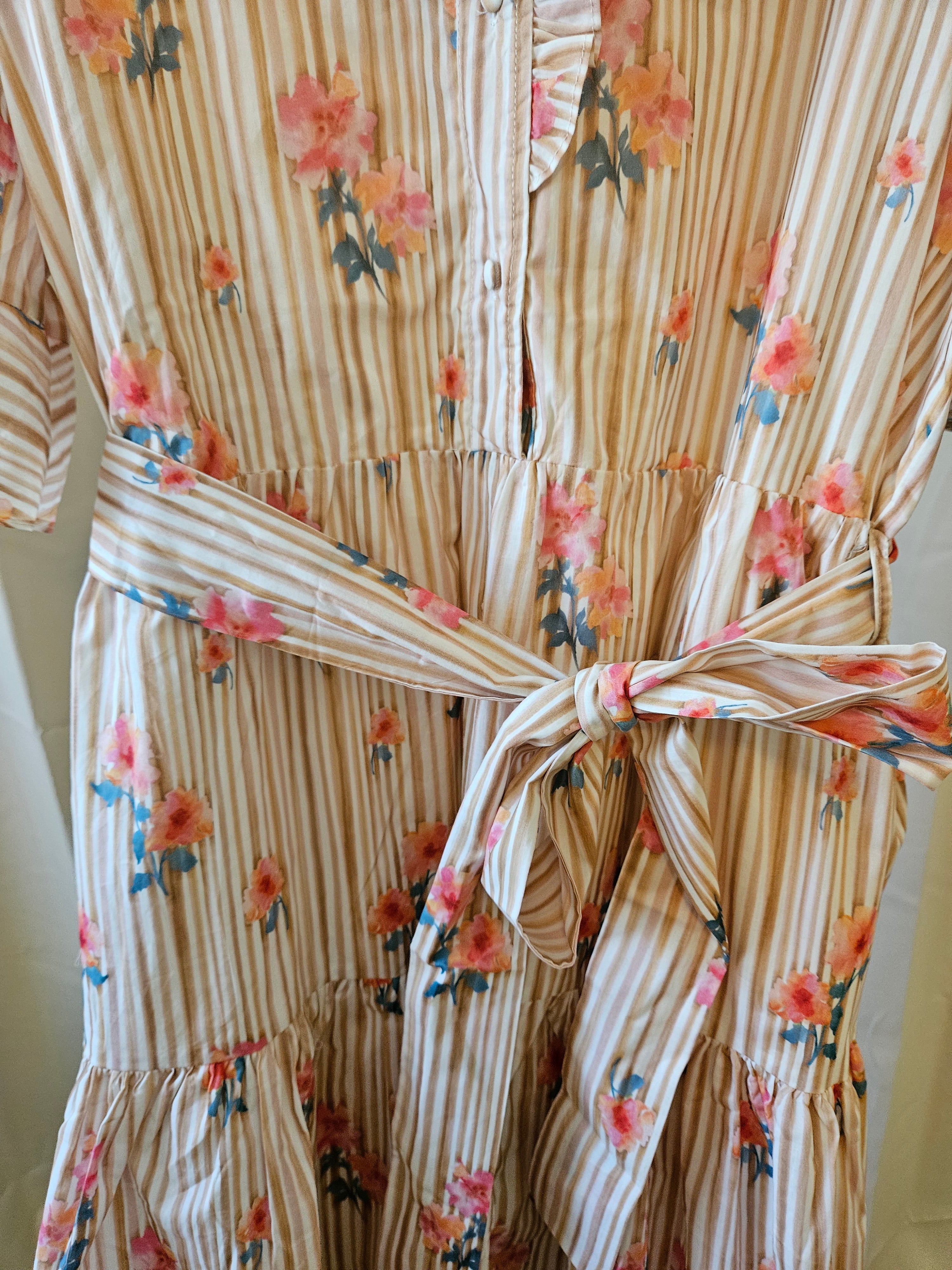Chic Soul Tan & White Striped Floral Dress Ruffle Trim Belted 3X