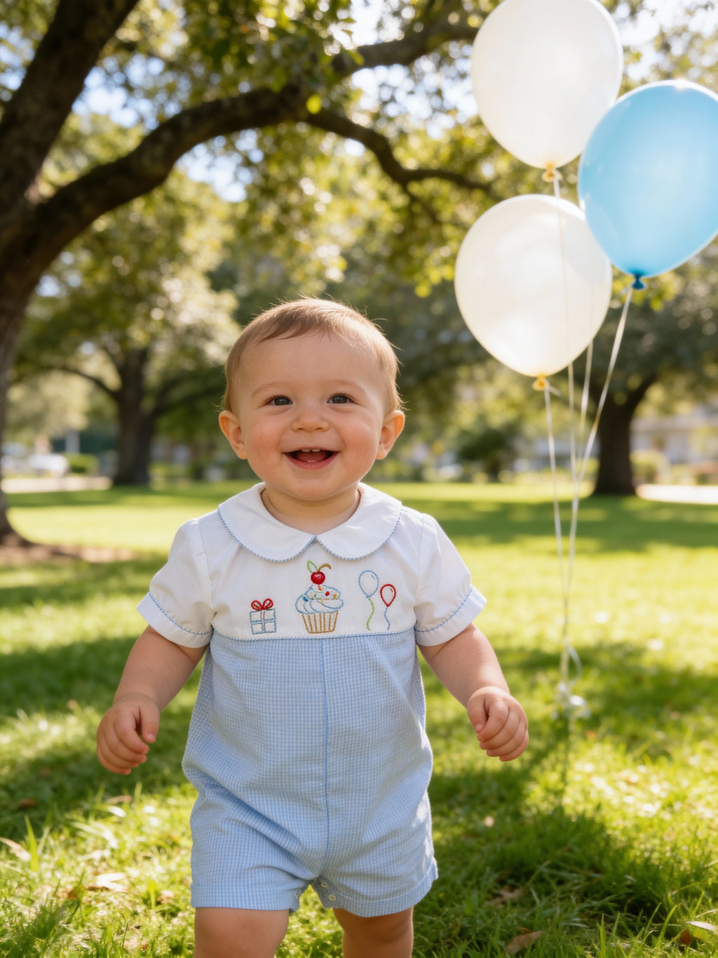Petit Ami Blue and White Birthday Embroidered Romper