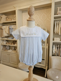 Heirloom Blue & White Train Embroidered Bubble – Petit Ami NB/3M 💙
