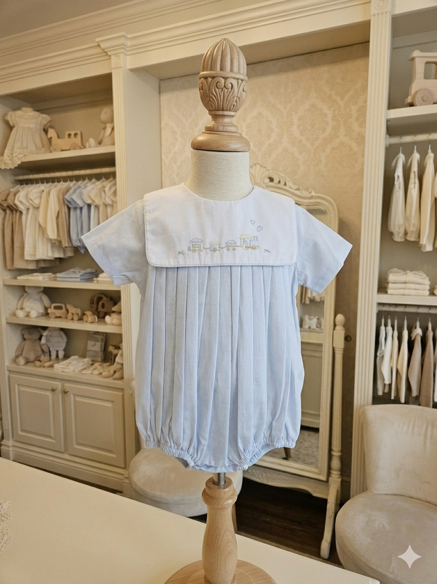 Heirloom Blue & White Train Embroidered Bubble – Petit Ami NB/3M 💙
