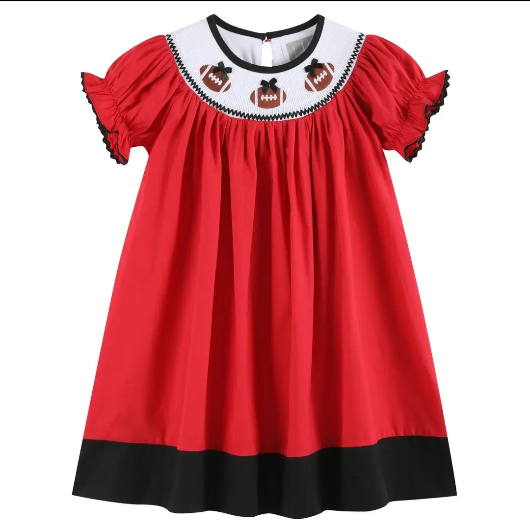 Lil' Cactus Adorable Red and Black Football Smocked Bishop Dress Sz 3T