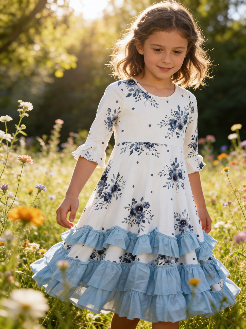 Oopsie Daisy Blue Floral Long Ruffle Dress