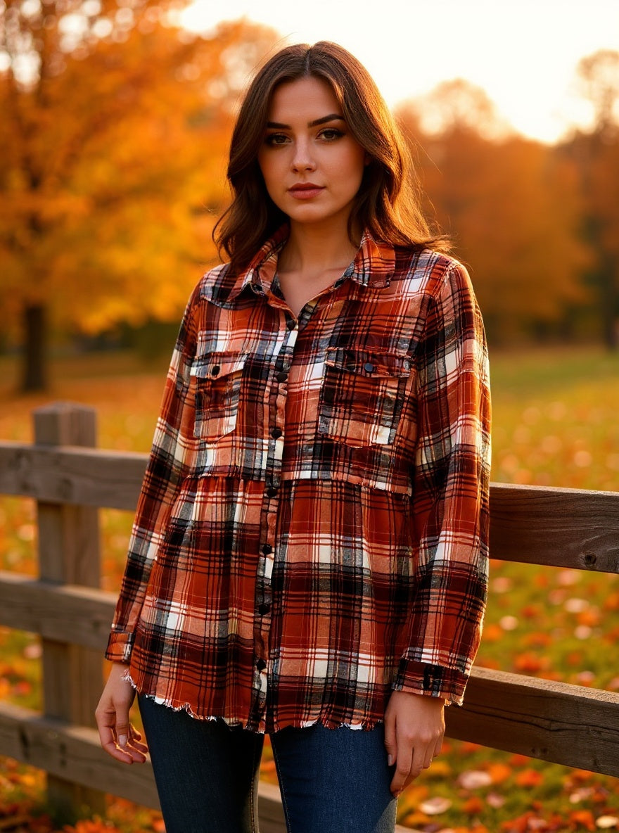 Impressions Orange Plaid Flannel Button Down Shirt Sz 2X