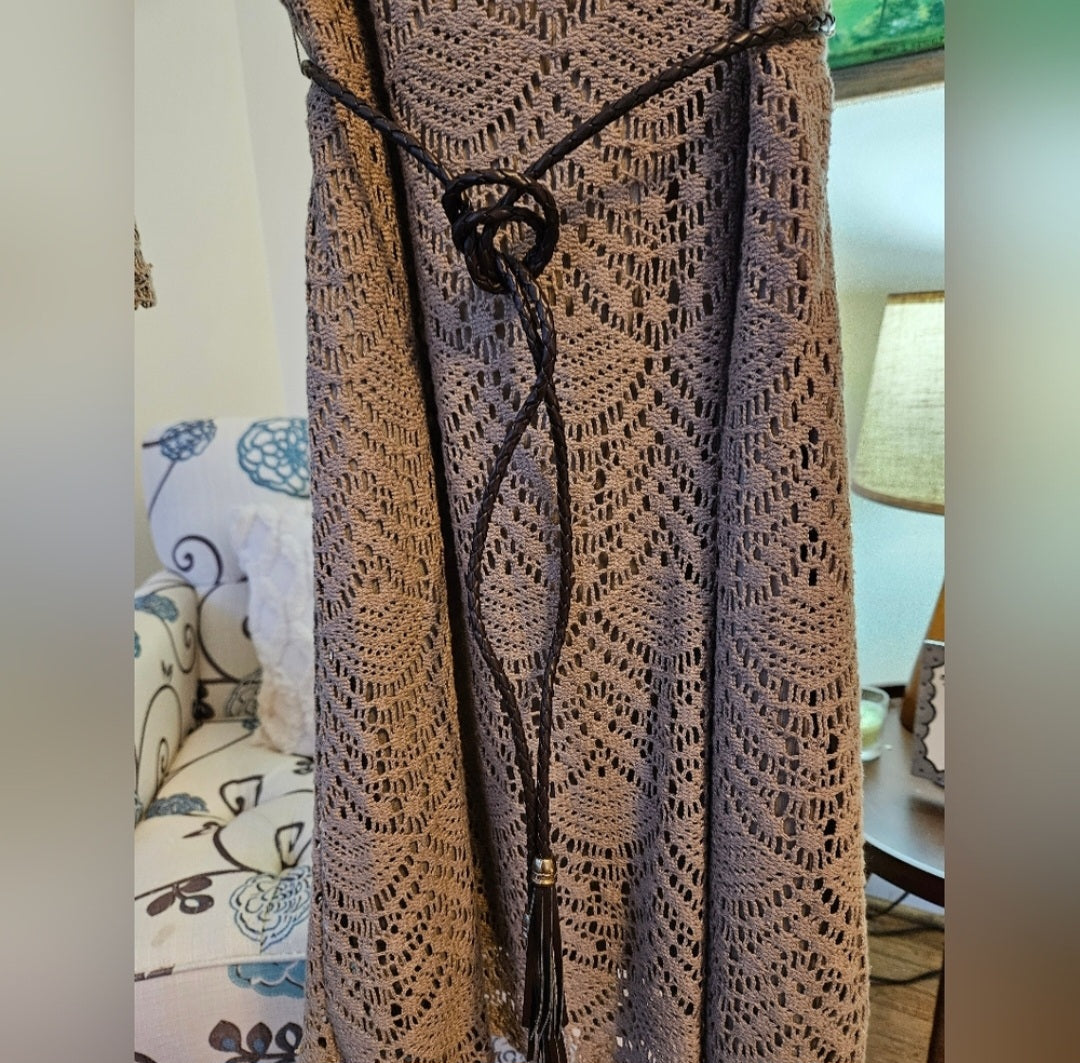 Sharagano Crochet Overlay 3/4 Bell Sleeve Dress in Tan With Accent Belt Sz 2