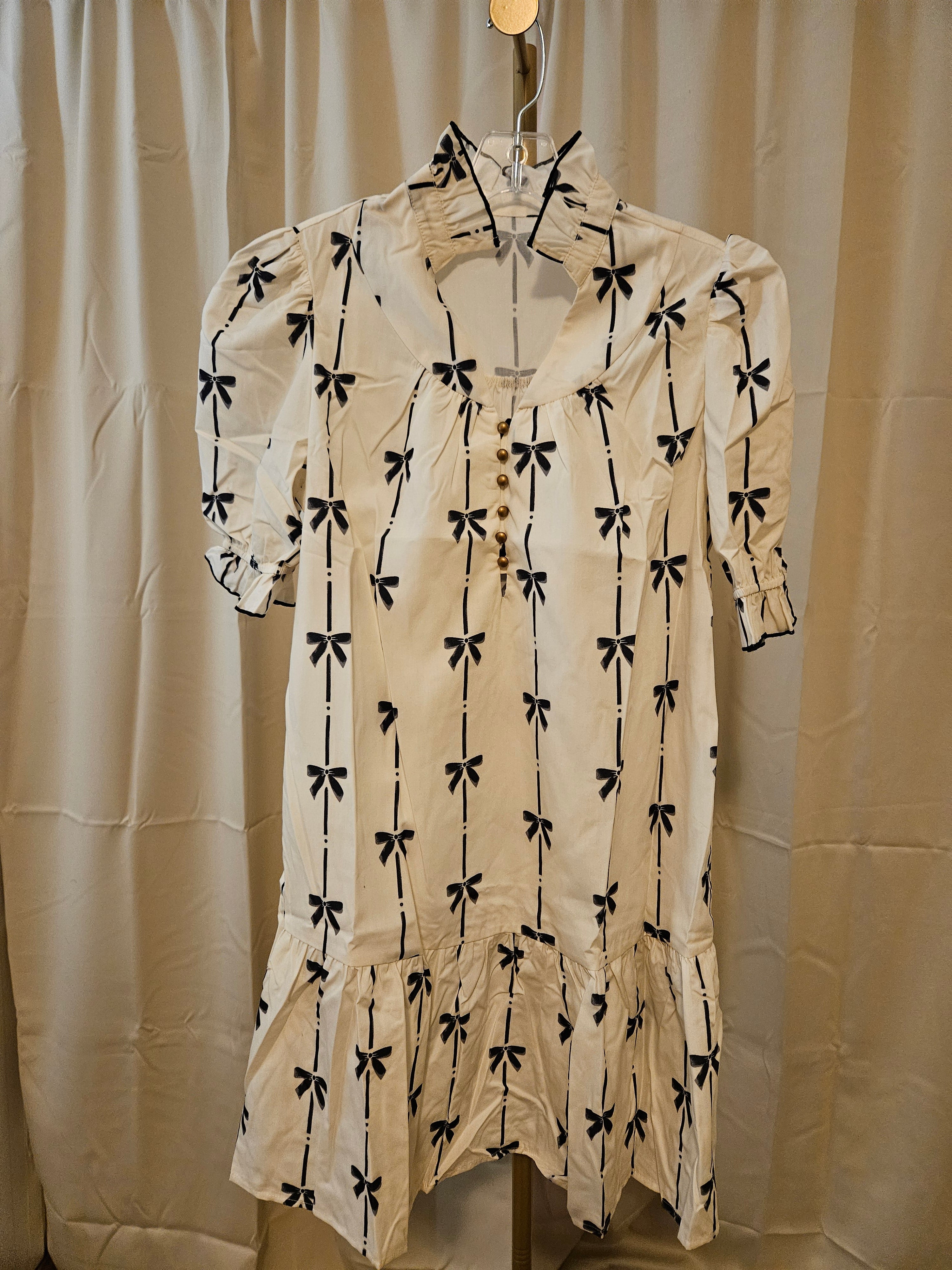 Live Fashion Way Bowknot Printed Bubble Sleeve Vneck Dress