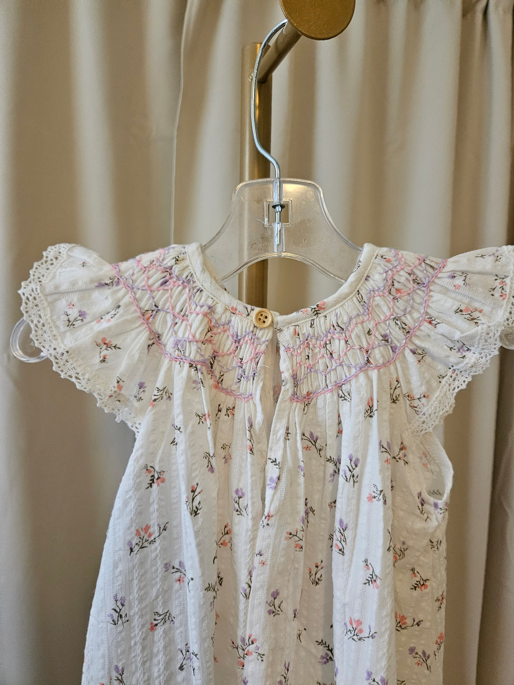 Floral Smocked Flutter Sleeve Dress with Lace Detail 12–18M